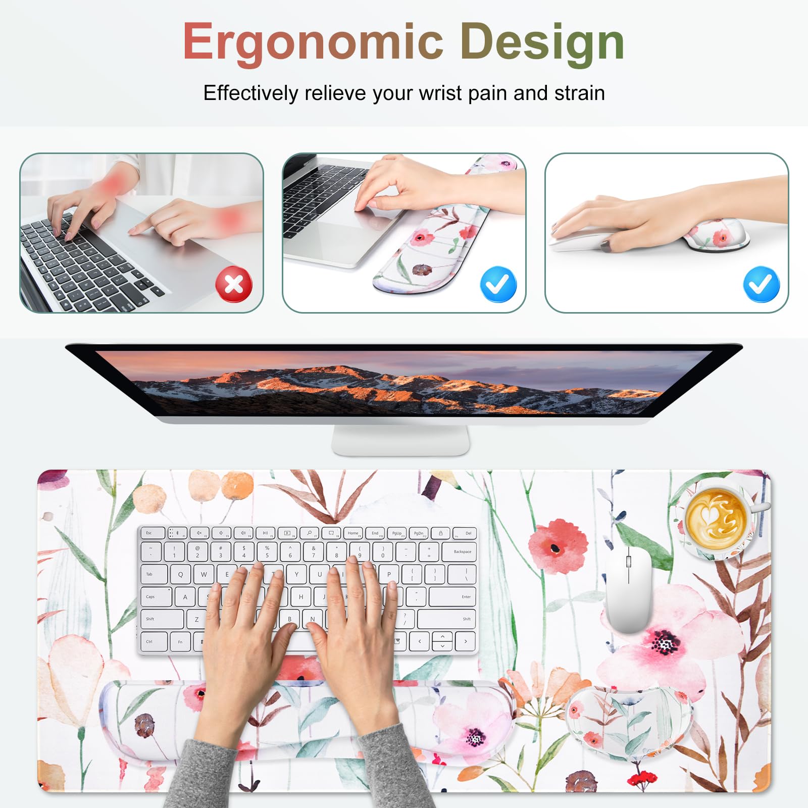 Gaming Wrist Rest & Keyboard Desk Mat - Orange Flowers -4