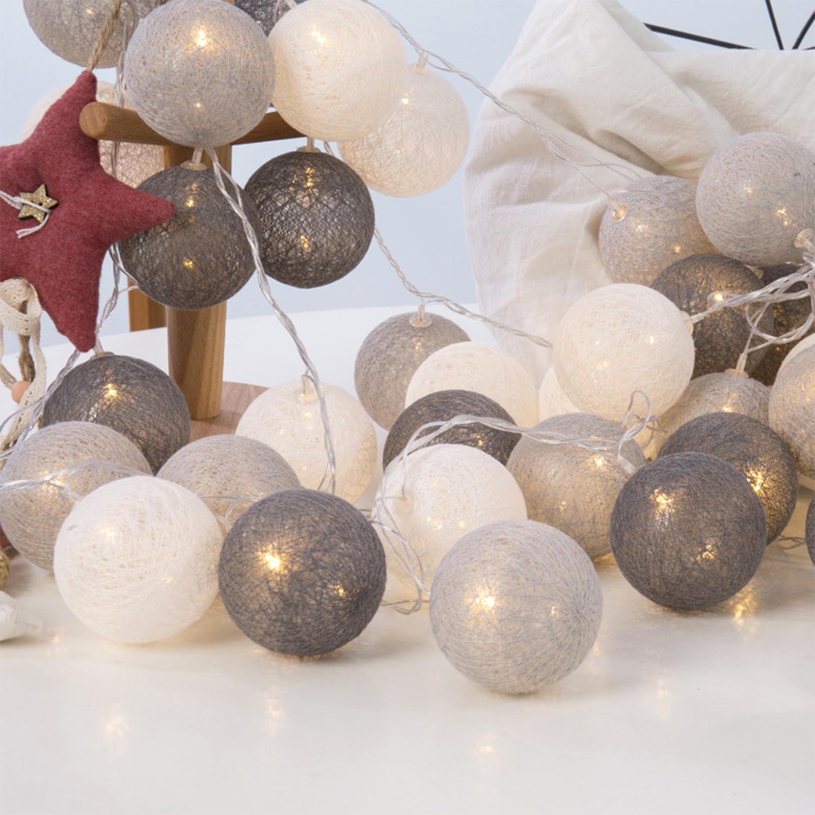 ENLACE LED Fairy Lights, Cotton Balls, 1.5 m, 10 LED Cotton Ball Fairy Lights, Balls, 3 cm Diameter, Cotton Balls, Party Fairy Lights for Children's Room, Wedding, Christmas, Grey