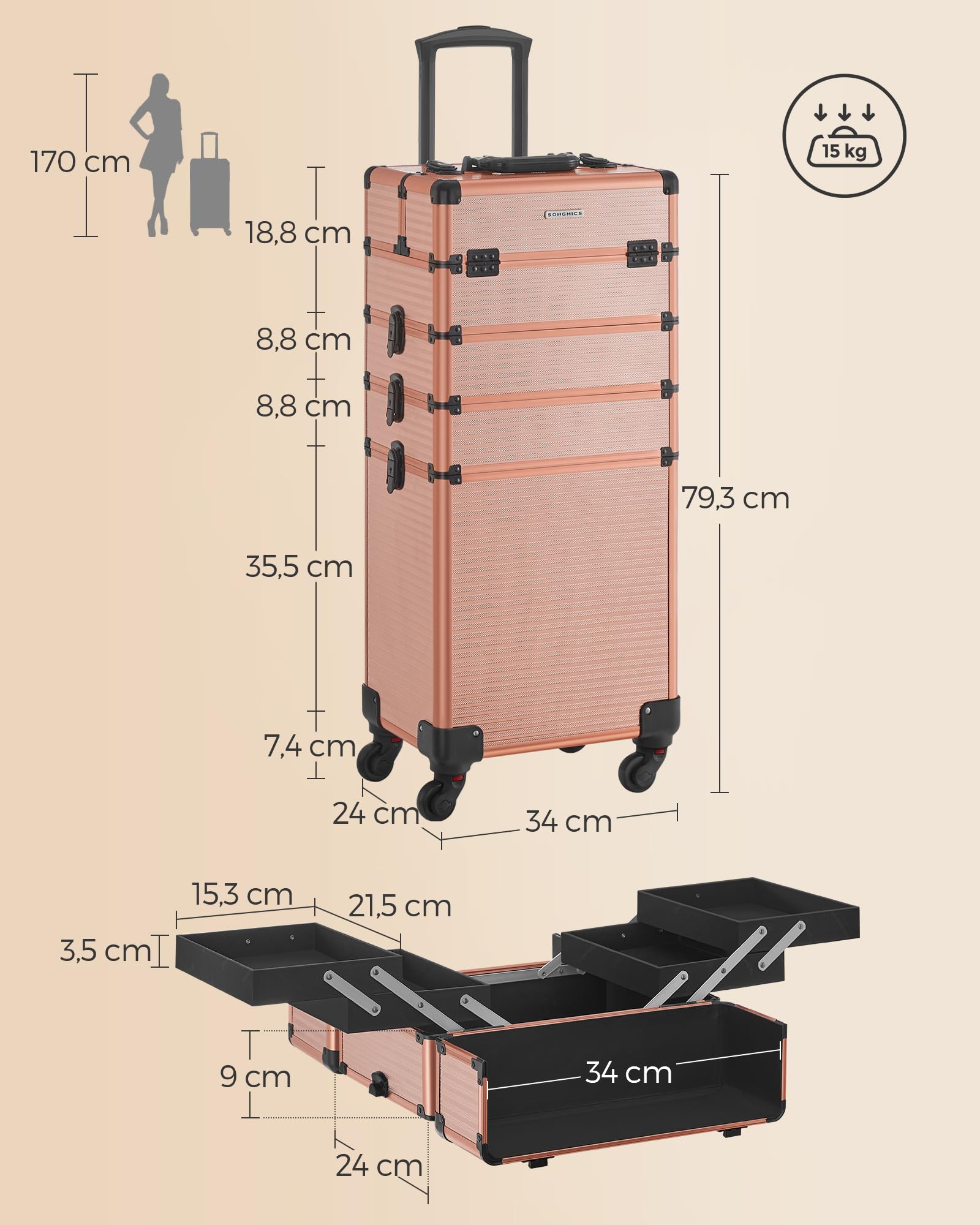 SONGMICS Valigia per il trucco professionale 3 in 1, valigetta cosmetica, bloccabile, ruote a 360°, per viaggi, manicure, truccatore, acconciatura, Oro Champagne, 4-en-1 (79,3H cm), Elegante