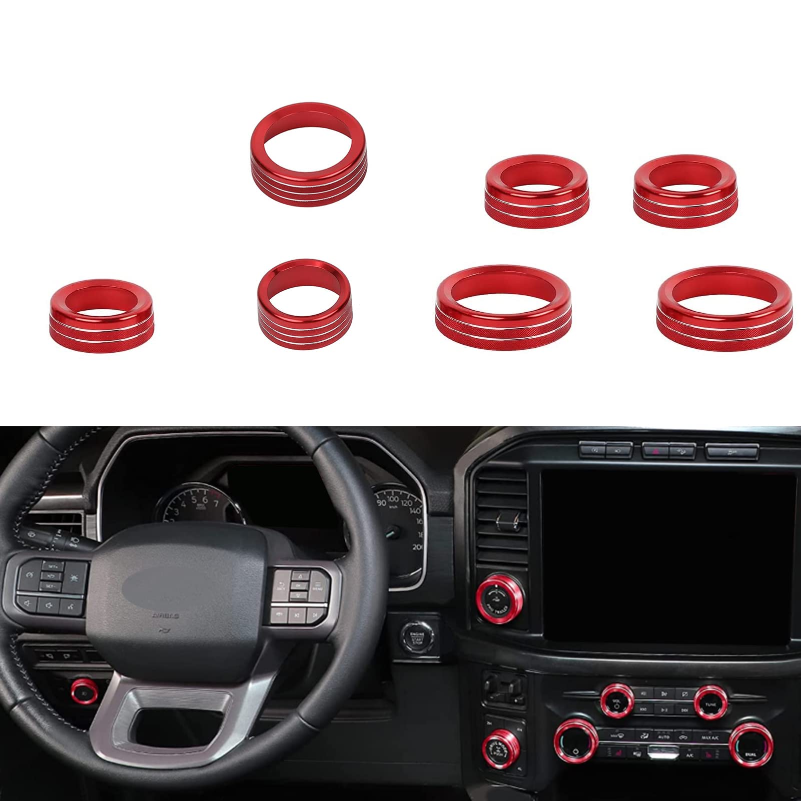 Keptrim for Ford F150 2021 2022 2023 2024 2025 Knob Air Conditioner Switch & Trailer & 4WD & VOL & Headlight Button Ring Trim, Red Aluminum, 7pcs