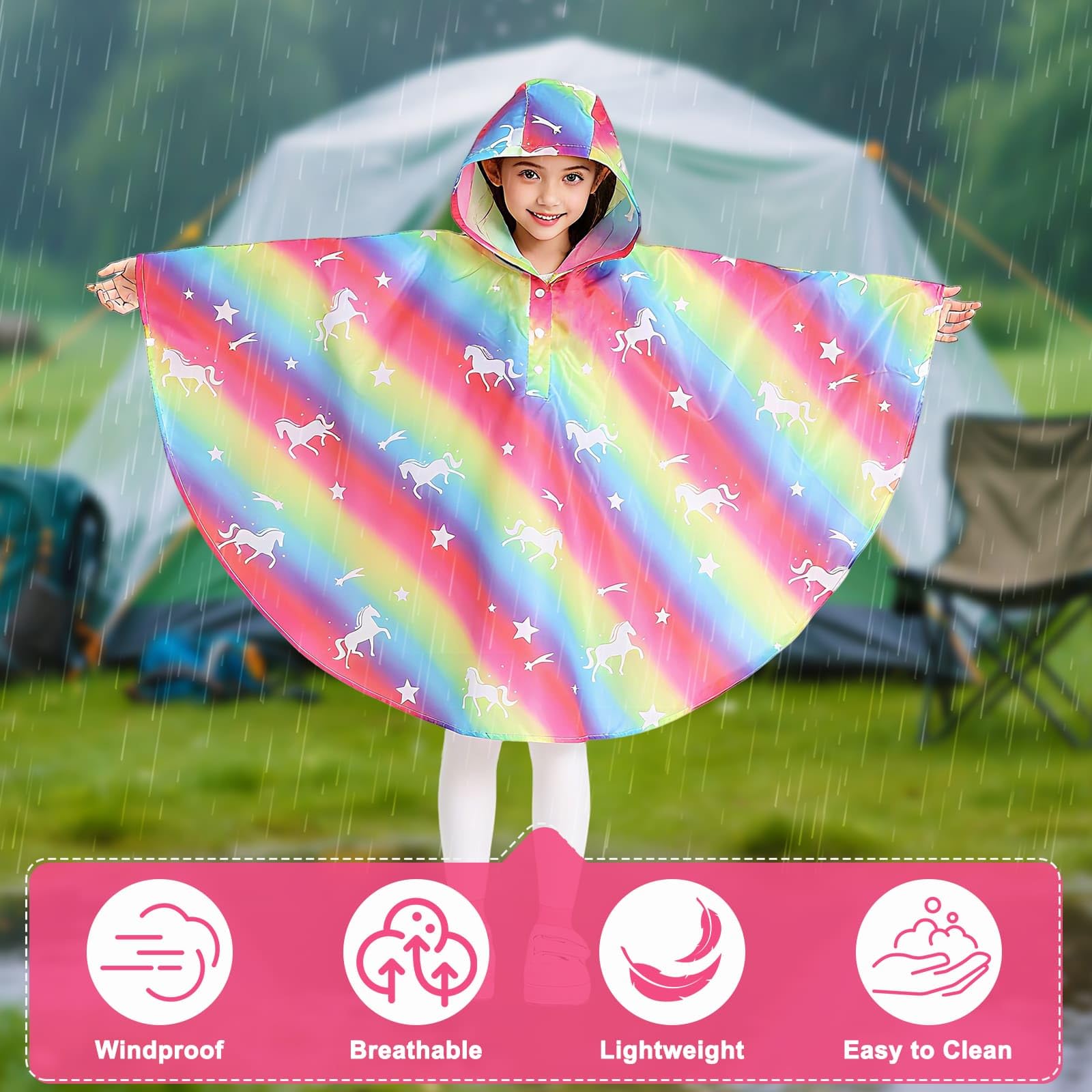 Mantellina Pioggia Bambini, Impermeabile Bambino Poncho Leggera Traspirante Giacca Bambina con Cappuccio, Riutilizzabile Ragazzi Ragazze Mantella Antipioggia Bicicletta 3-14 Anni