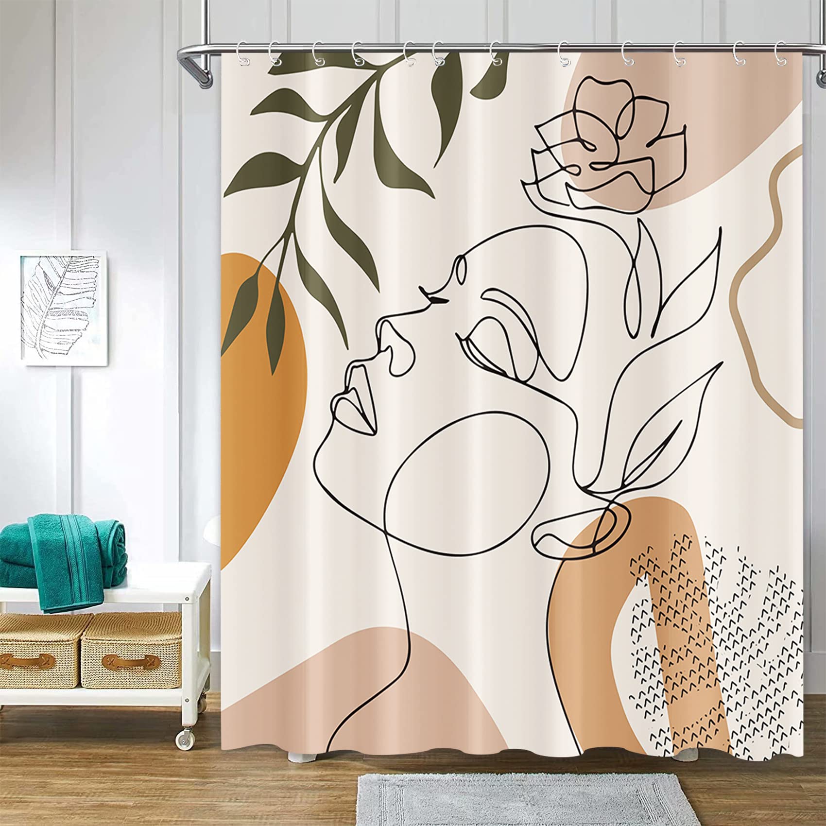 ChloropLastid Mid Century Abstract Shower Curtain Modern Minimalist Women Face Line Geometric Plant Leaves 72x72 Inch Aesthetic Bathroom Decor Curtain