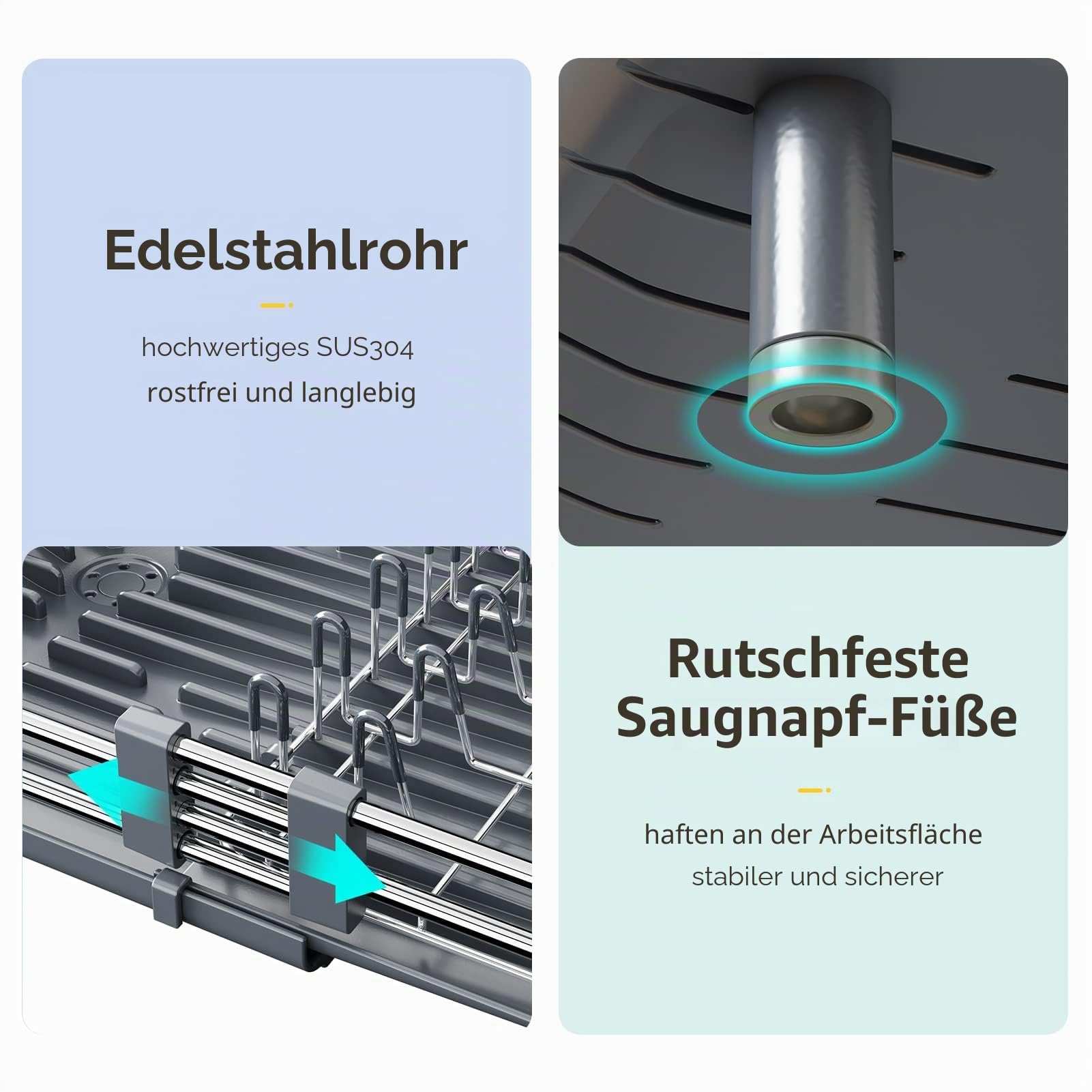 SAYZH Abtropfgestell, Erweiterbar (33,5 CM-50 cm) Geschirrabtropfgestell, Edelstahl Abtropfgestell Geschirr mit Utensilienhalter Becherhalter für Küchentheke Spüle Organizer(Grau)