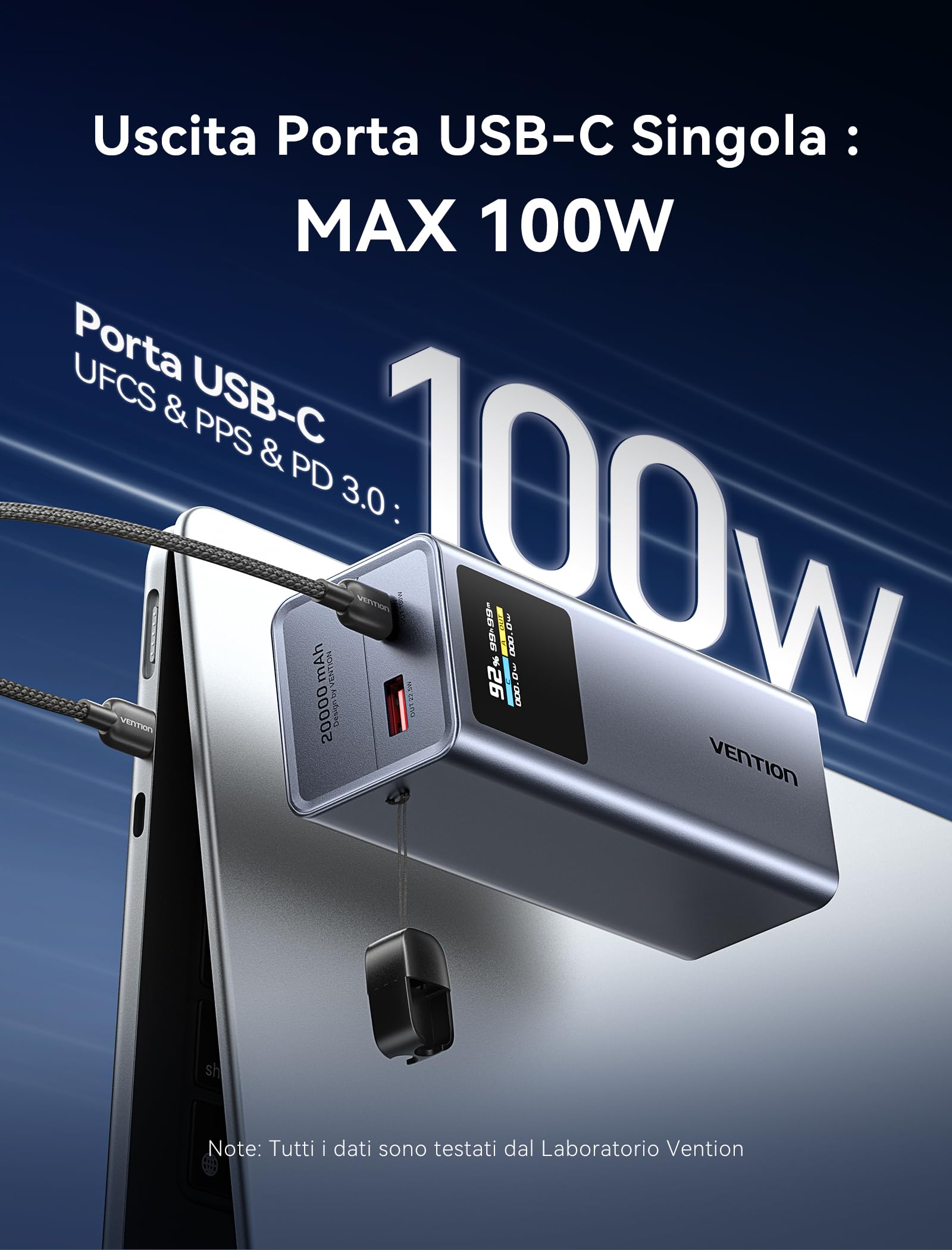 VENTION 20000mAh Power Bank, 100W Caricatore Portatile USB-C PD3.0 con Display Digitale, Cavo USB-C Integrato, Compatibile con MacBook Pro/Dell/HP, iPhone 17/16/15/14/13, iPad Pro, Galaxy S25