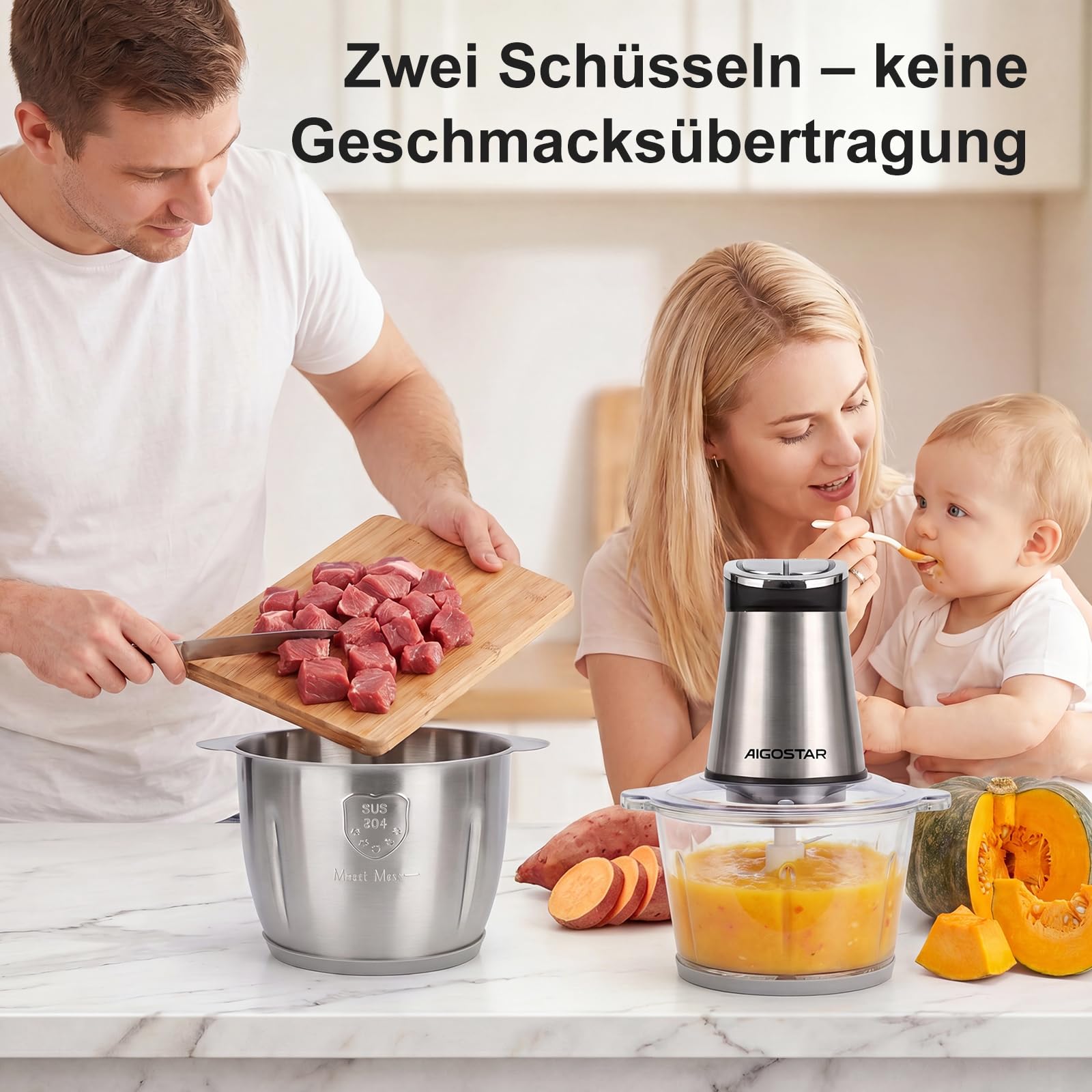 Aigostar Zerkleinerer Küche Elektrisch mit LED-Timer 2 Schüsseln (3L + 2L)