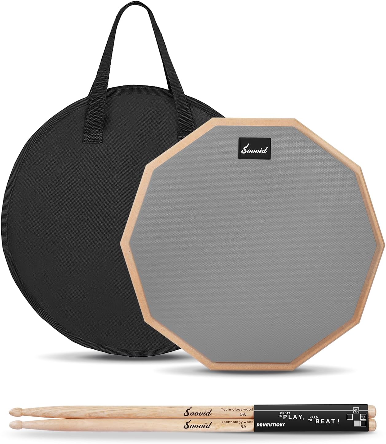 Sovvid 12 Inches Drum Pad and 5A Drum Sticks, Double Sided Snare Drum Practice Pad for Drummers, Silent Practice for Adults and Kids with Storage Bag – Gray