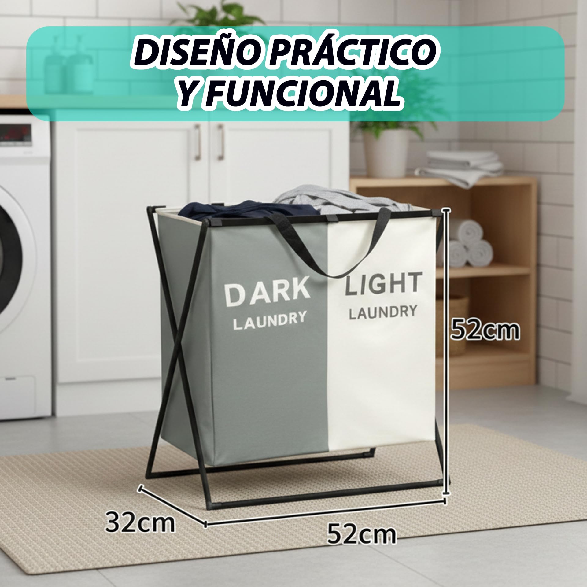 Weida Cesto para la Ropa Sucia con Compartimento | Estructura con Barras de Hierro Resistente | Organización Práctica para Baño, Lavadero o Dormitorio | Funcional (2 Compartimientos 55cm-52cm-33cm)