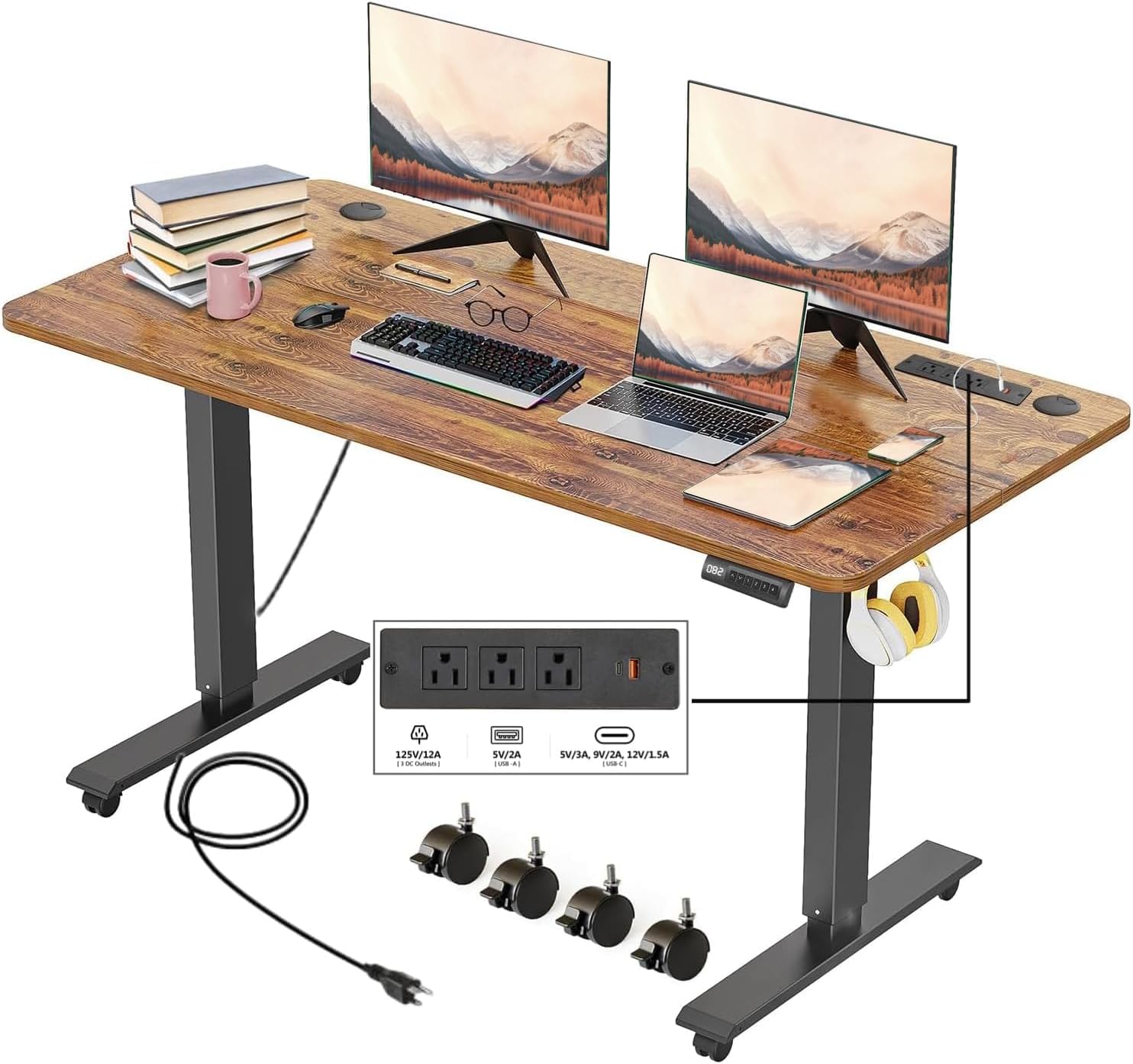 Electric Standing Desk 55 x 24 Inches Adjustable Height Sit Stand Up Desk for Home Office Computer Workstation with 2 USB Ports 3 AC Power Outlets Memory Preset and Wheels, Brown
