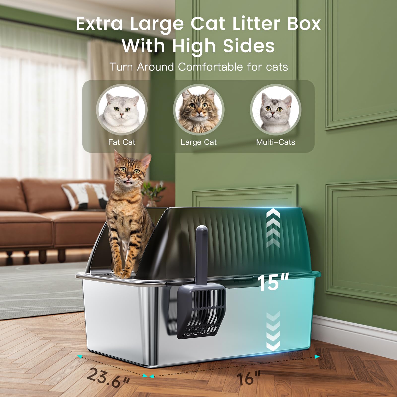 Condition photo showing Good Condition for Tripamin 15'' XL Stainless Steel Cat Litter Box Enclosure, XXL Stainless Steel High Sides with Lid, Extra Large Metal Cat Litter Box (Translucent Black, XX-Large)