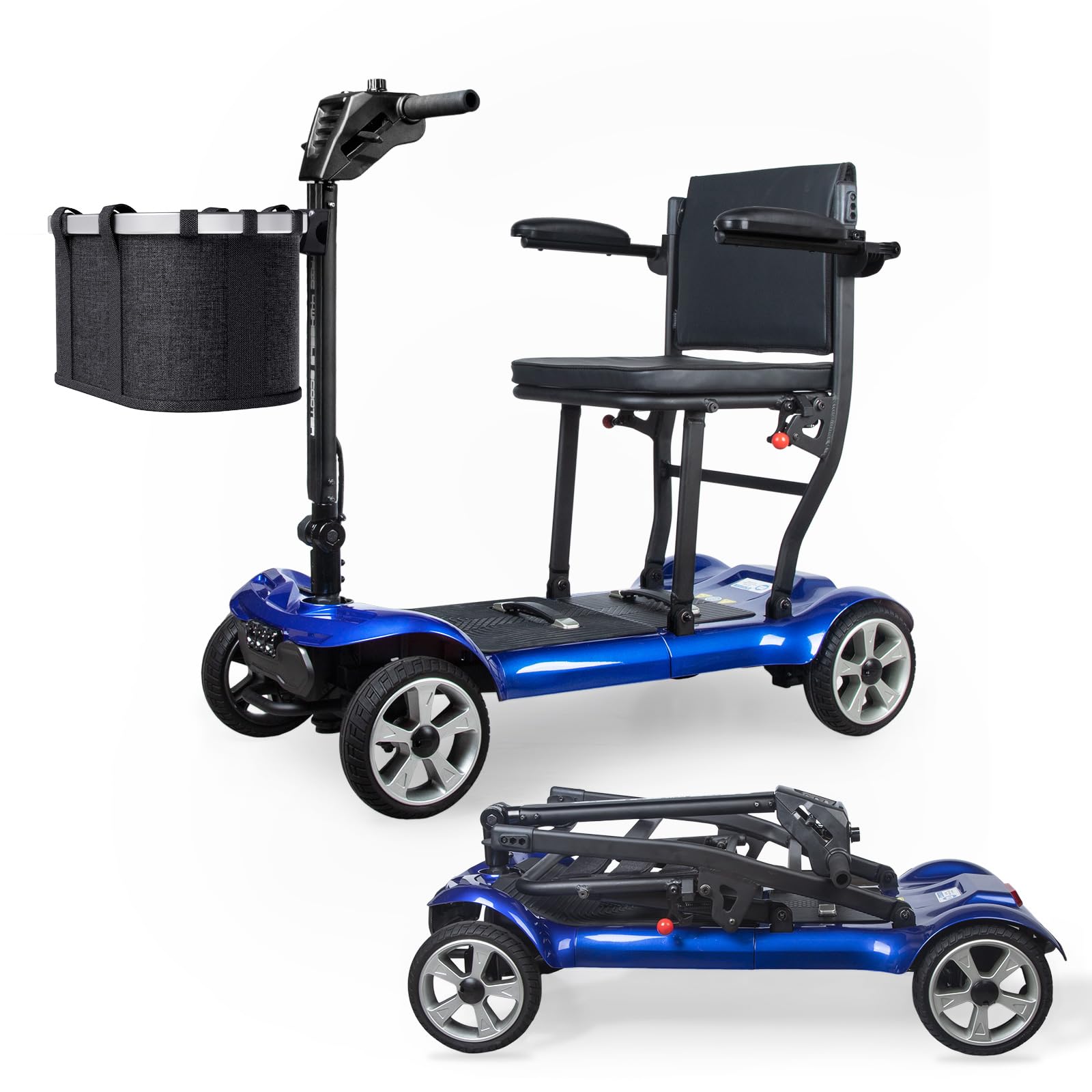 Ultra Lightweight 4 Wheel Folding Mobility Scooter - 36 lbs, 22miles Range, Lightest Available, Airline Friendly - Long Range Travel for Travel, Adults, Elderly with Charger and Basket Included