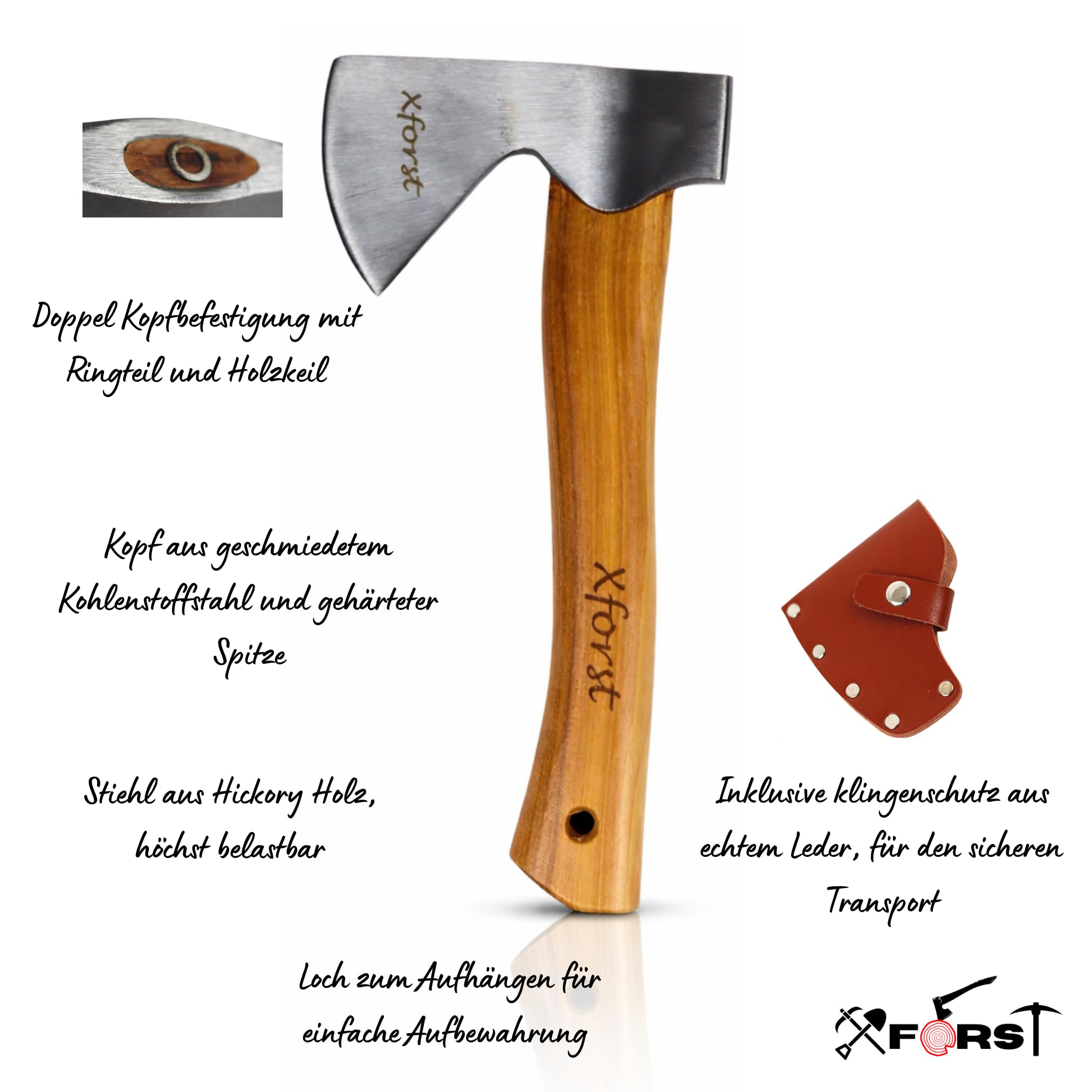 Xforst Hache Viking X-AG1– Hachette de Trekking et Outdoor avec Manche en Bois de Hickory & Étui de Protection en Cuir Véritable – 27 cm – 0,67 kg