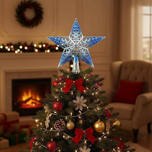 Miniatura 6 de BinaryABC Estrella para árbol de Navidad, adornos colgantes para árbol de Navidad, purpurina hueca (azul plateado)