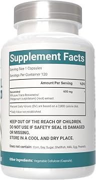 Resveratrol Supplements, Vegan Capsules, 120 Count, Trans-Resveratrol with Red Grape Extract, Non-GMO
