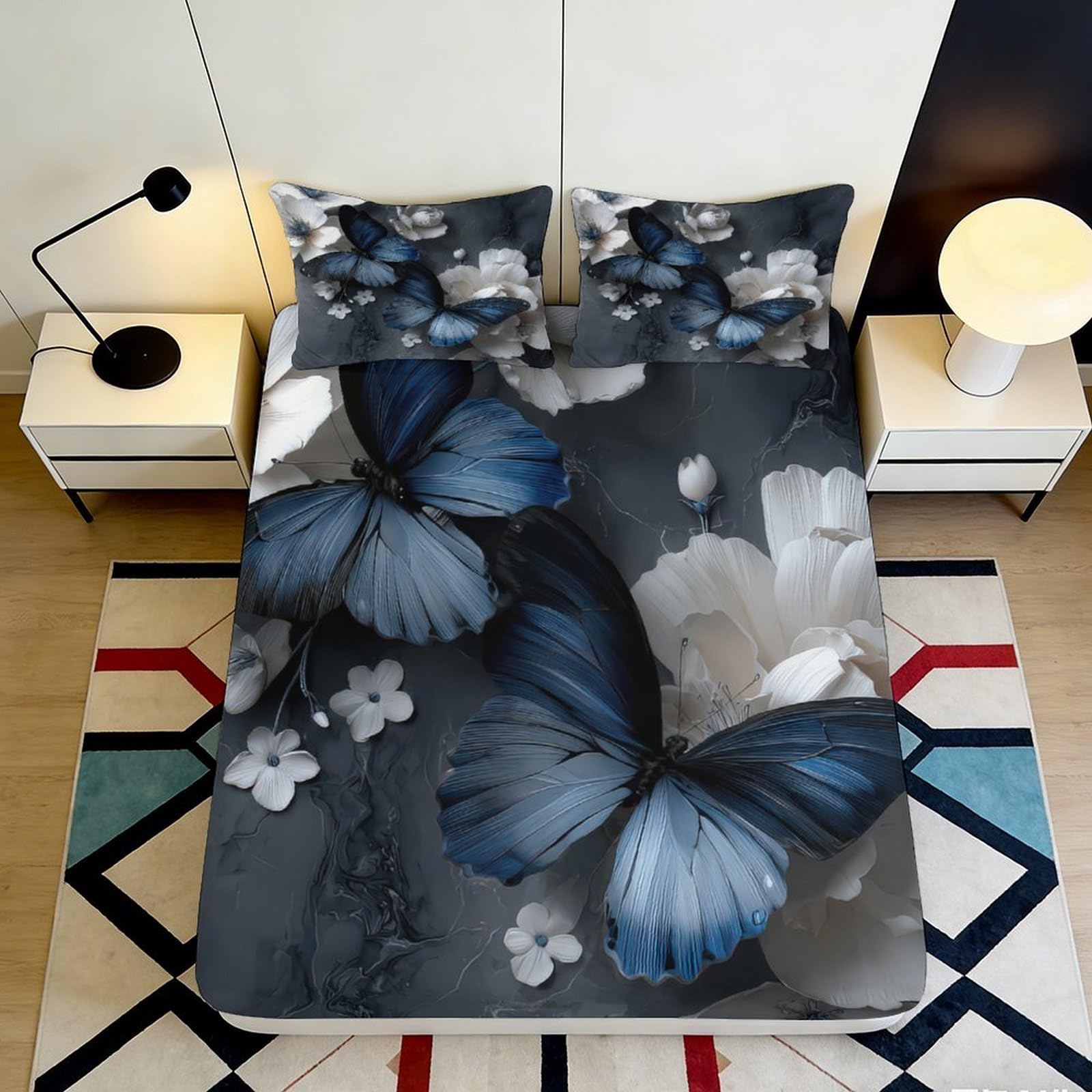 3D Printed Blue Butterfly Fitted Sheet Microfiber Soft Bedroom Decor Floral Mattress Cover for Adults Teens Home Dorm 90x200x25cm