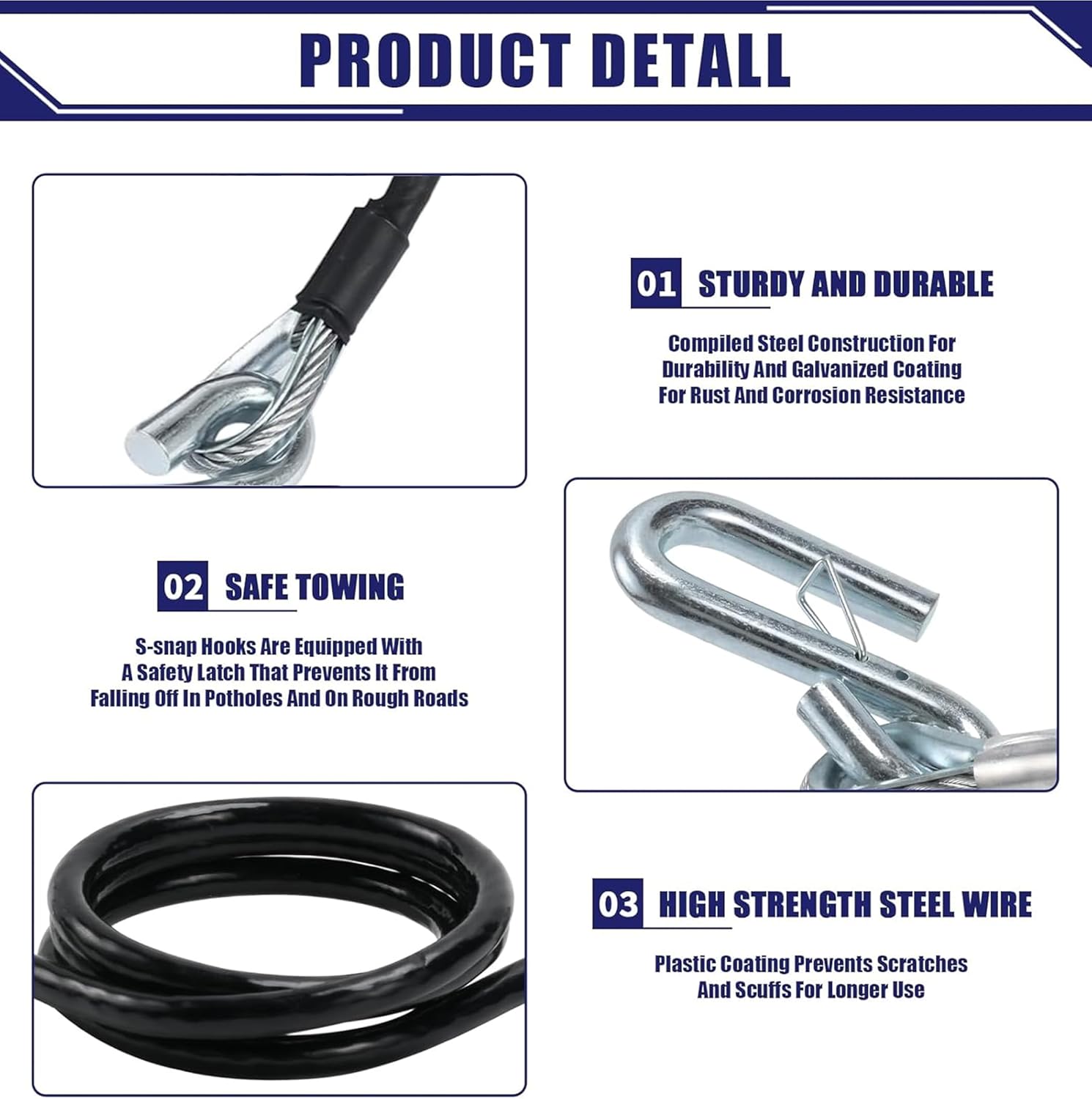 JEXTRA 44" Trailer Safety Cables,elf-Coiling Towing Coiled Safety Cables with Vinyl-Coated,17/32" S-snap Hooks with Safety Latches, 7,500 Lbs Break Strength, 2 Pack