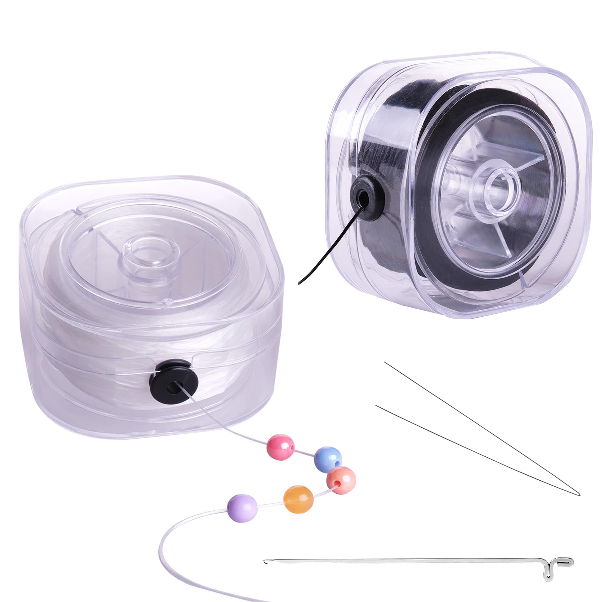 Cuerda elástica para pulseras, 2 rollos de cordón elástico plano de 0,8 mm, 220 yardas para cuentas de joyería, con estuche de almacenamiento y herramienta de abalorios.