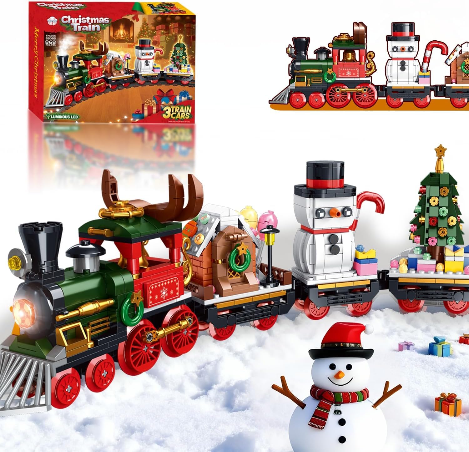 Christmas Train Building Blocks Set with LED Lights, 868 Pieces, 3 Cars Holiday Train Set with Snowman and Tree, 40cm Length, Ages 6+