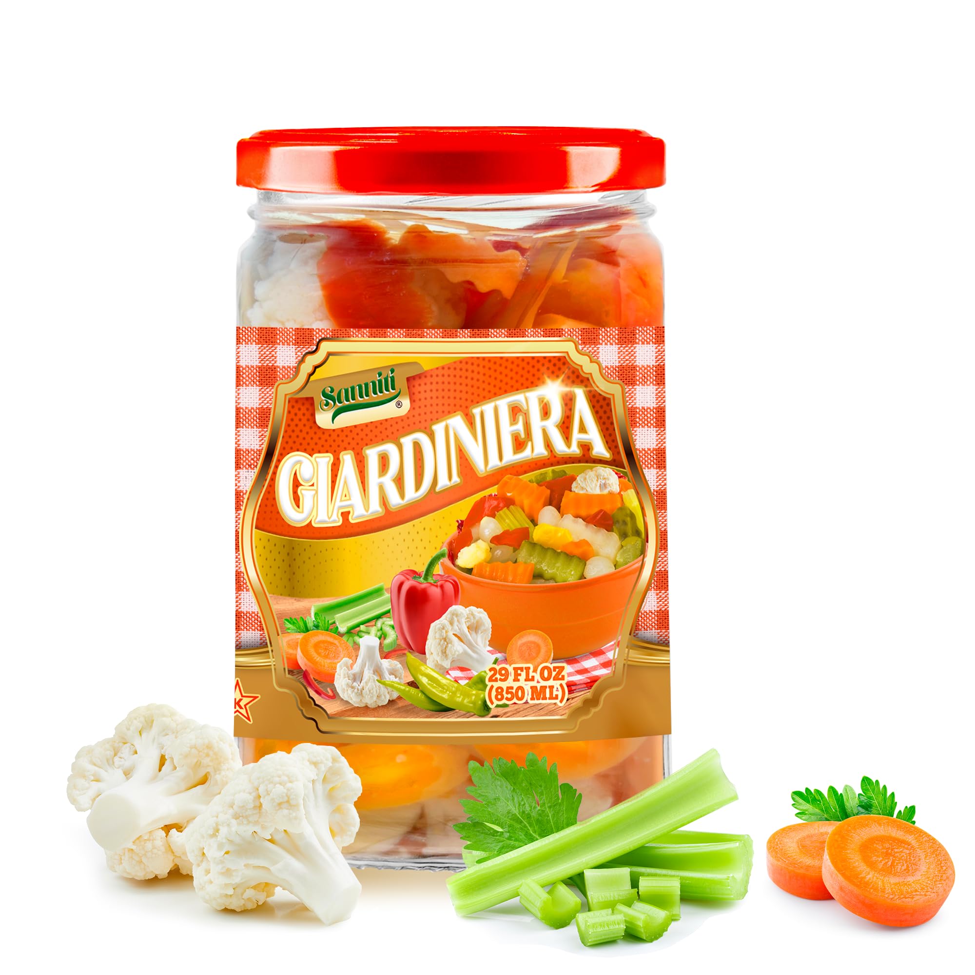 Sanniti Giardiniera | Pickled Mixed Vegetables | Cauliflower, Carrots, Celery, and Peppers | Kosher, 29 oz