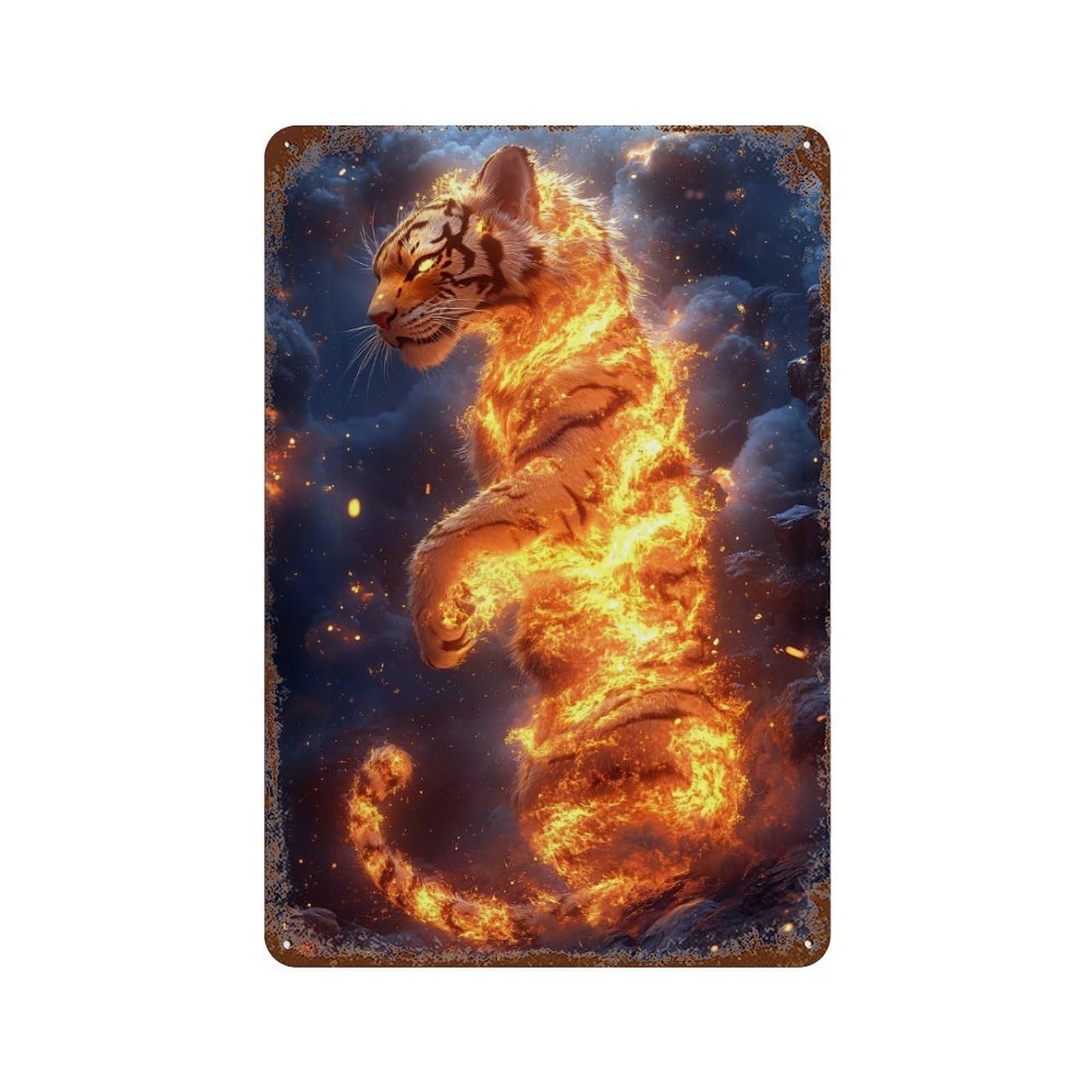 Rust Effect Fiery Tiger Standing Amidst Smoky Landscape Rustic Tin Plaque 11.8"x7.9", Industrial Home Decor for Bistro, Counter And Cafe Decor