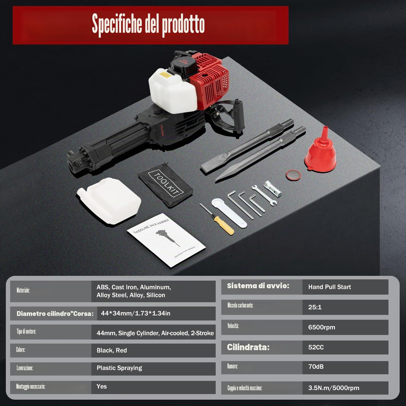 MINRS Martello di demolizione a benzina, 52 cc, 2 tempi, 1900 W, benzina, tritacalce, tritacalce, martello pneumatico multifunzionale con scalpello a punta e scalpello piatto