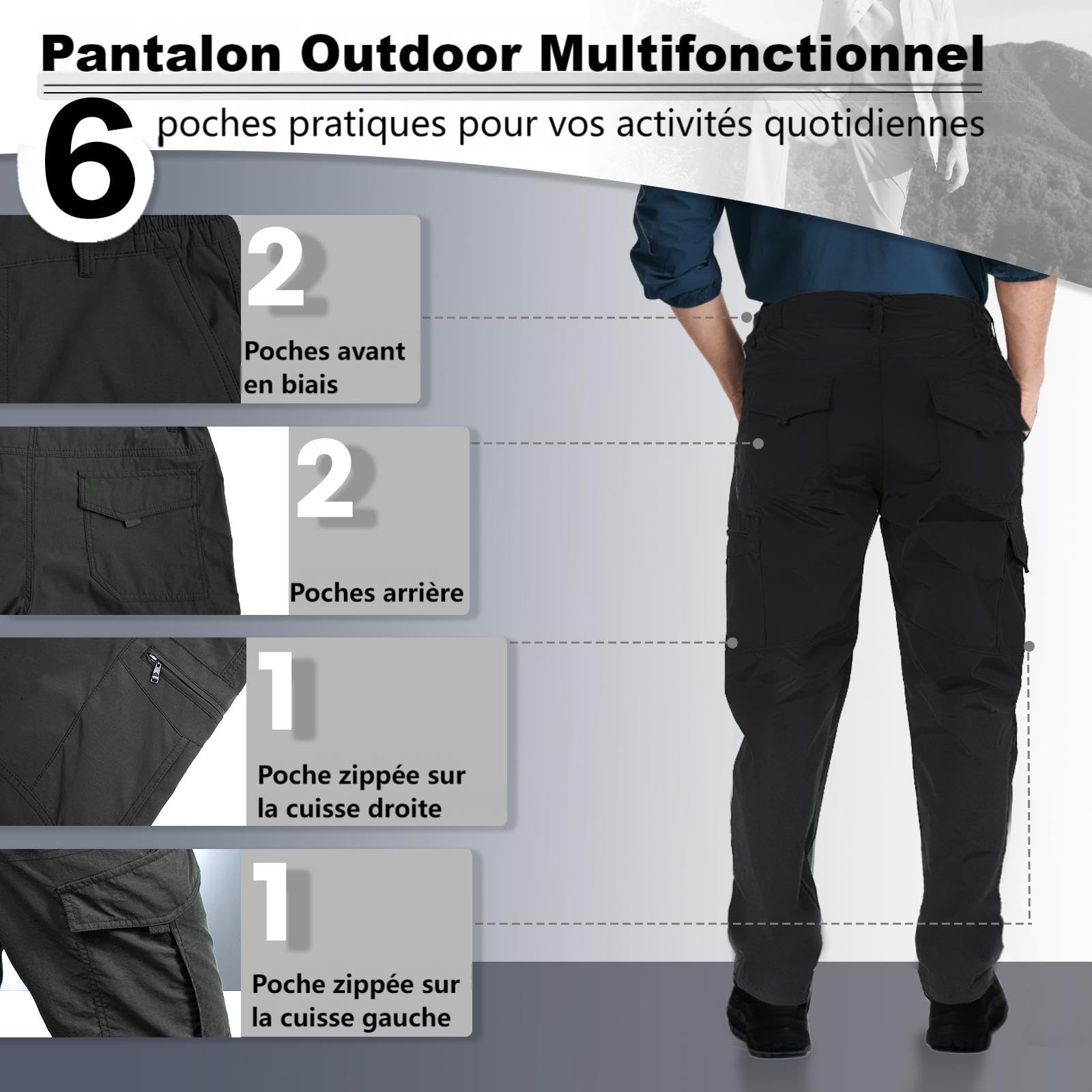 Aimato Pantalon de randonnée pour Homme, imperméable et Respirant, avec 6 Poches Multifonctions, Pantalon de Travail d'extérieur pour Trekking, randonnée, Camping, Voyage