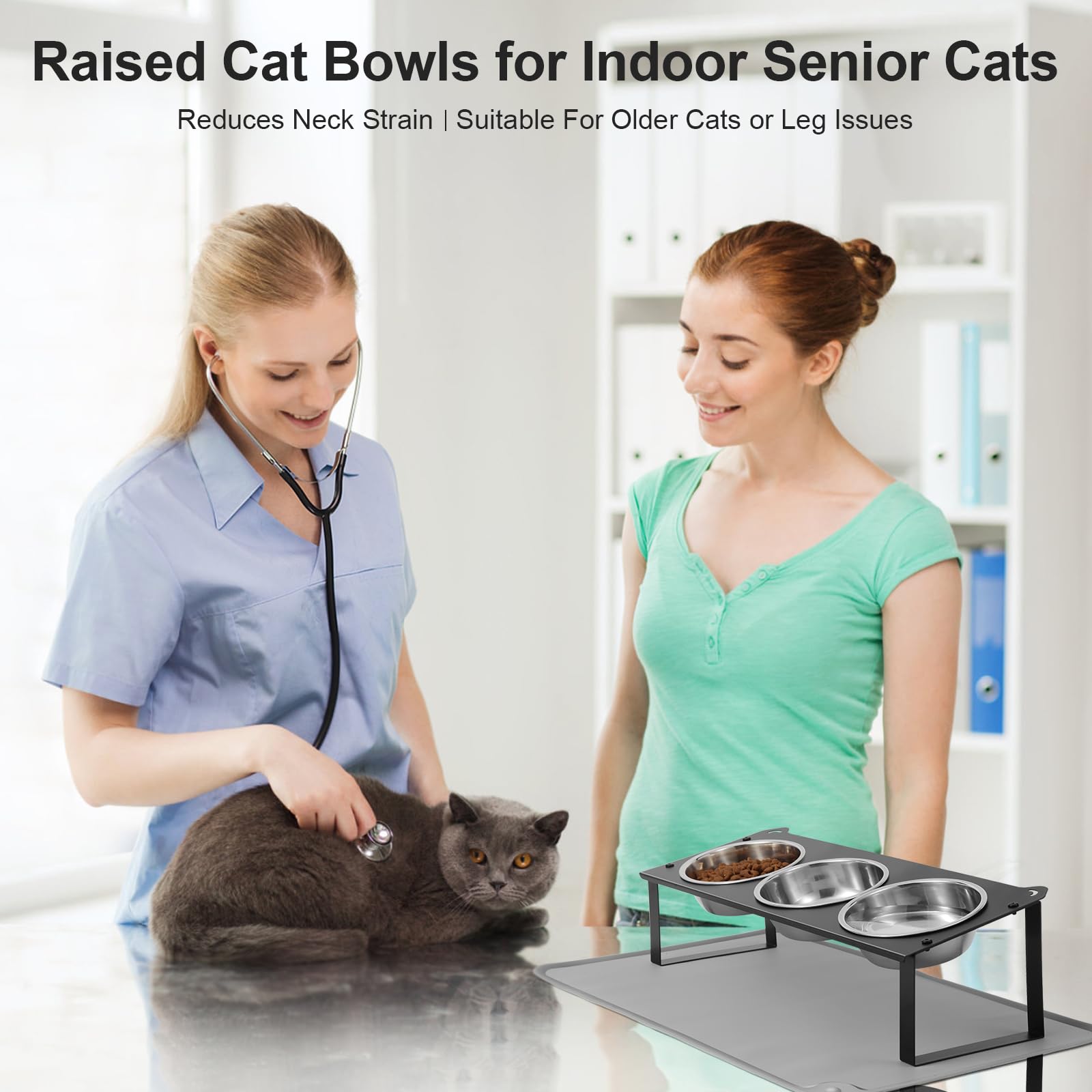 Erhöhte Katzennäpfe mit Futtermatte, 10 ° geneigt, rutschfest, erhöhtes Katzenfutter, Wassernäpfe Set, 3 dicke Edelstahl-Haustierschalen mit niedlichem Metall-Futterständer für Indoor-Kätzchen, Welpen