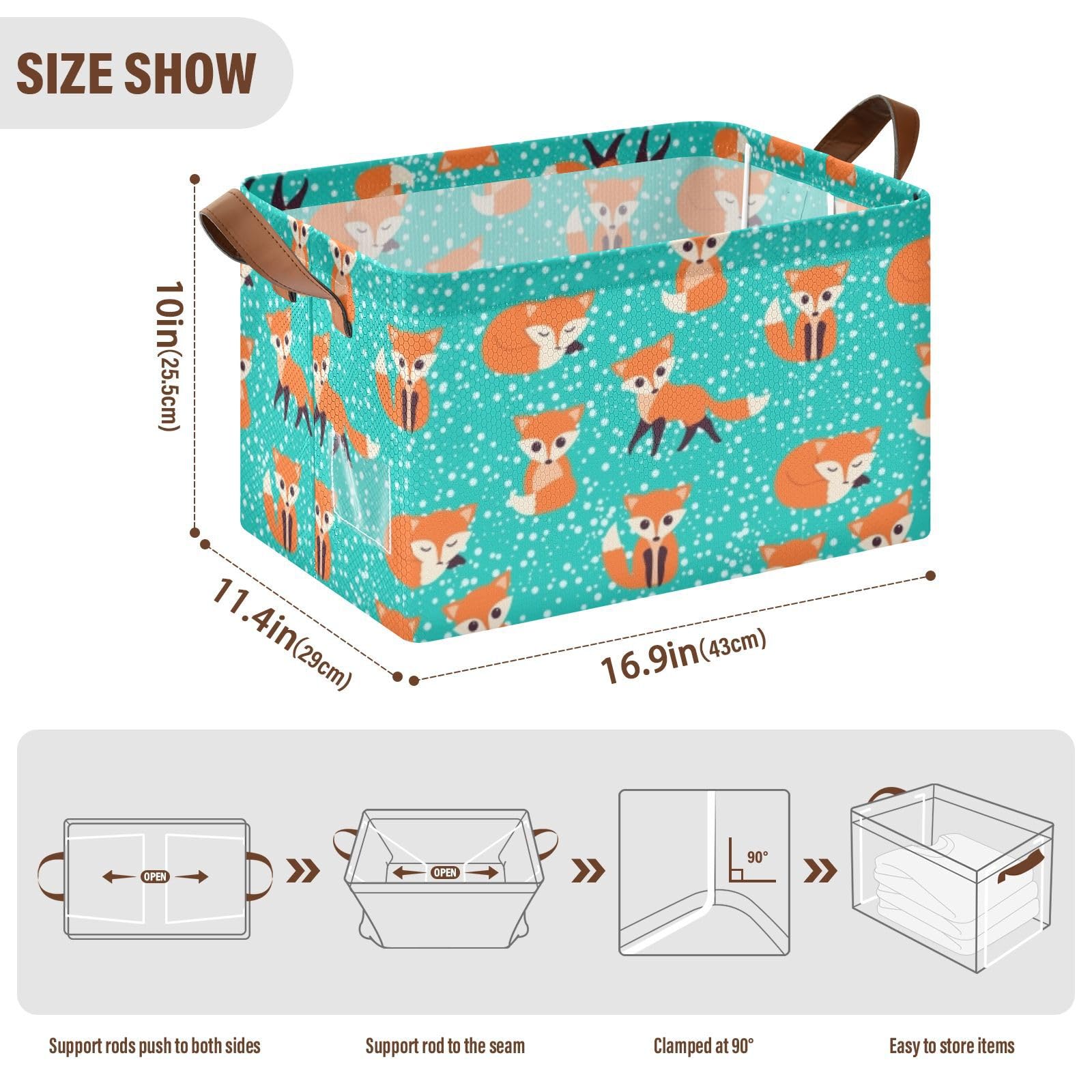 Seamless Cute Orange Foxes on Turquoise with White Polka Dots 2PC Rectangle Foldable Frame Basket Leather Handles Storage Bin for Laundry Bathroom Organizer M 16.9 x 11.4 x 10 inch