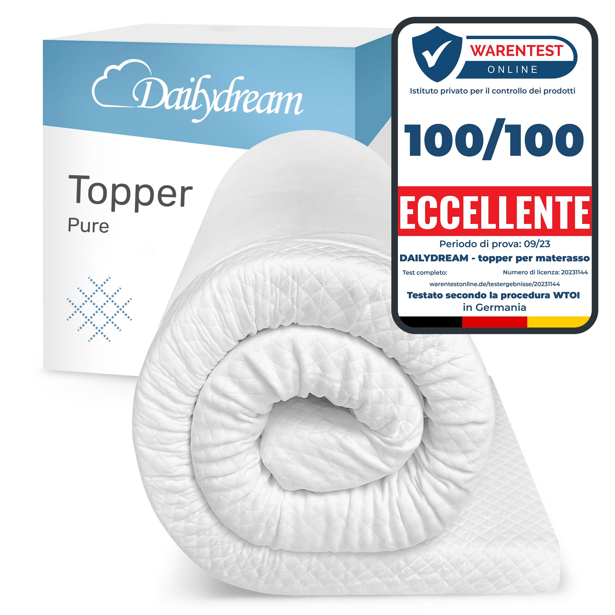 Dailydream Topper matrimoniale 180x200 cm memory foam, altezza 5 cm, «Edition Pure, Model M », Topper per materasso, divano letto o letto da campeggio, Coprimaterasso confortevole