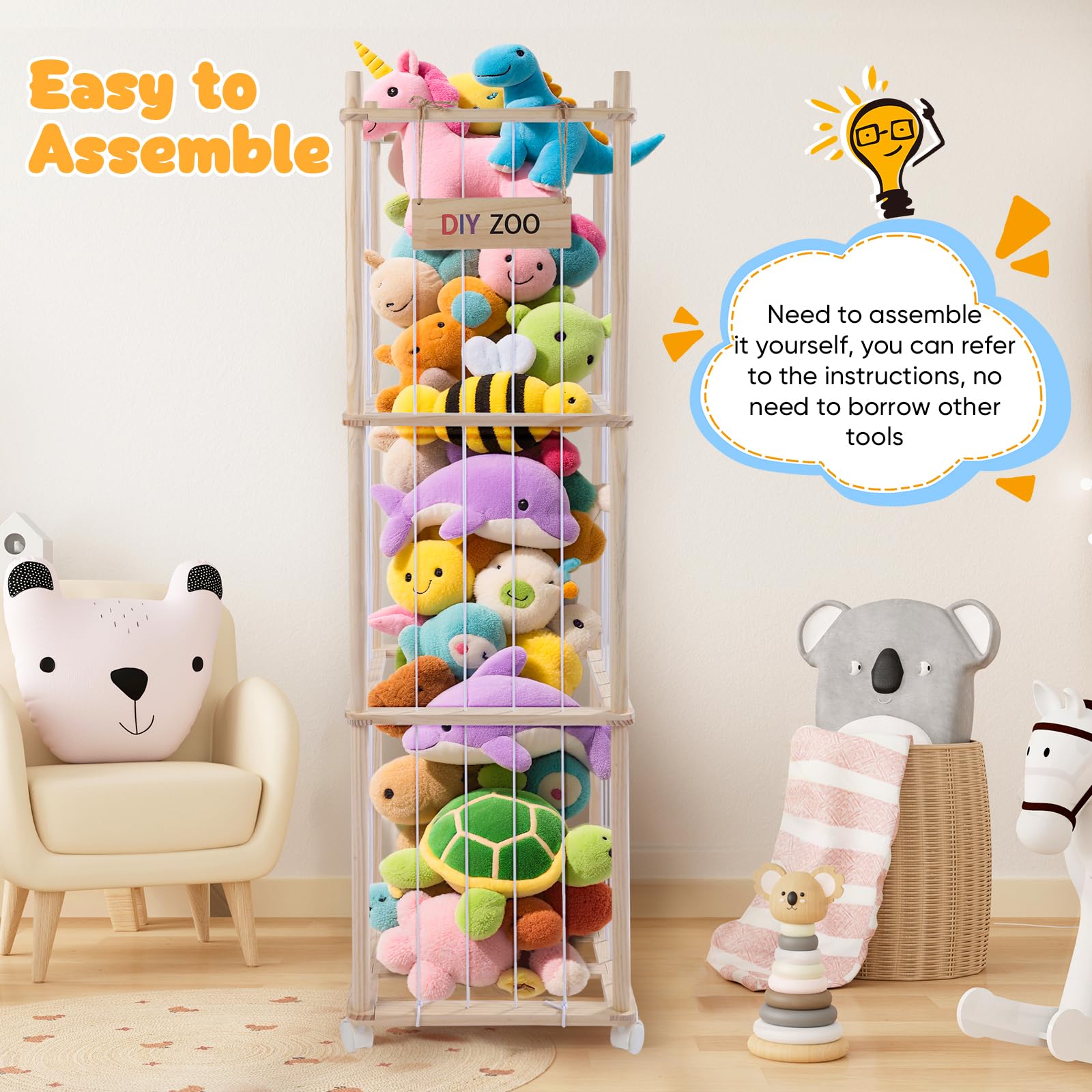 Caja de Almacenamiento para Peluches, 138x41x41cm de Madera Maciza con Ruedas Giratorias Bloqueables de 360°, Ideal para Habitaciones de Bebés, Salas de Estar, Dormitorios y Habitaciones Infant