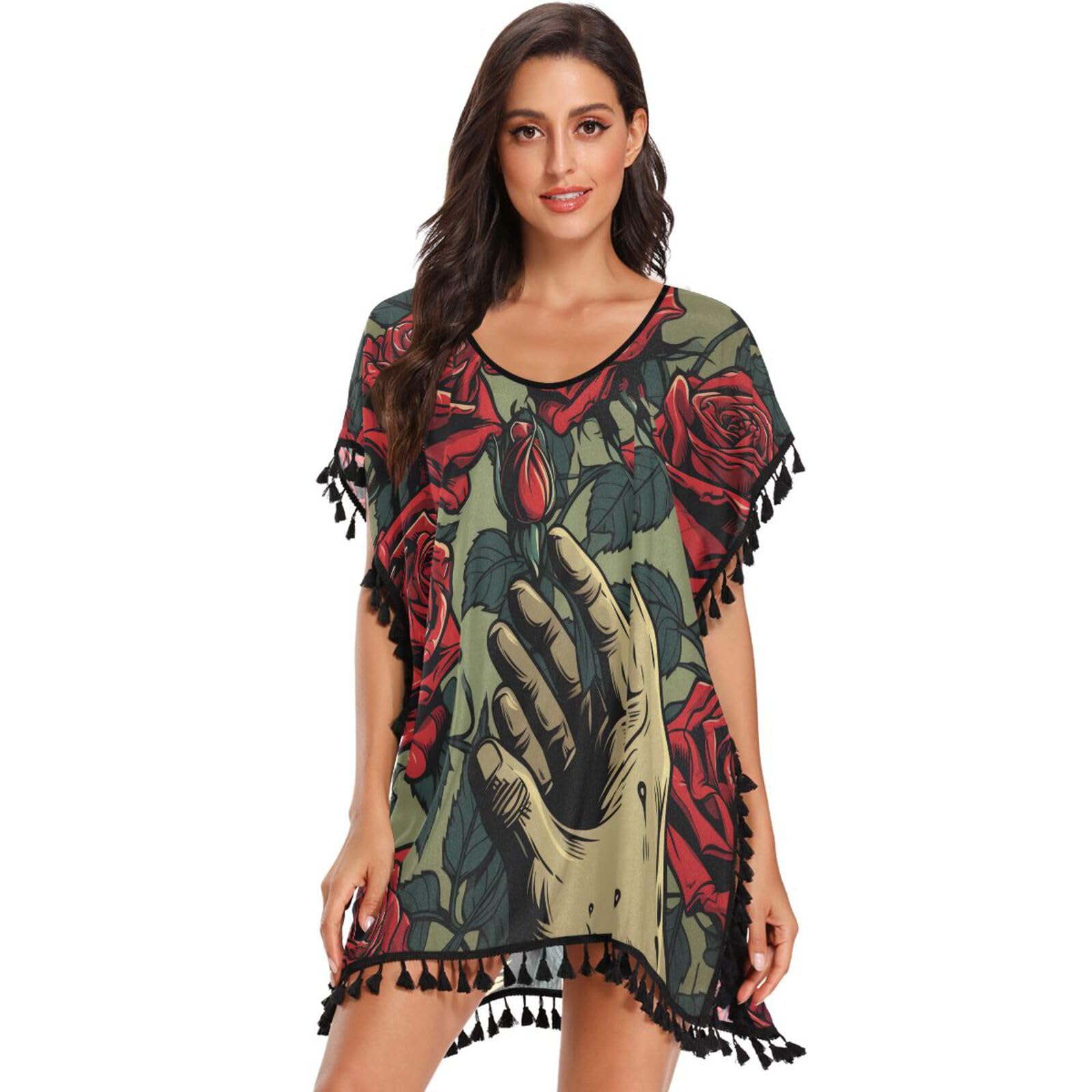 Red Rose Dark Hands Women's Beach Cover Up Chiffon Tassel Swimwear Swimsuit Coverups for Girl