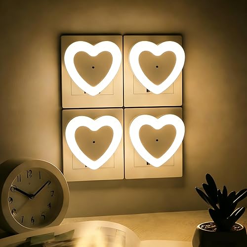 LED Night Lights Plug in(4-Pack), Dusk to Dawn Sensor Auto-On/Off, Heart Shaped Nightlight 0.5W for Bedroom, Bathroom, Kids Room, Hallway,