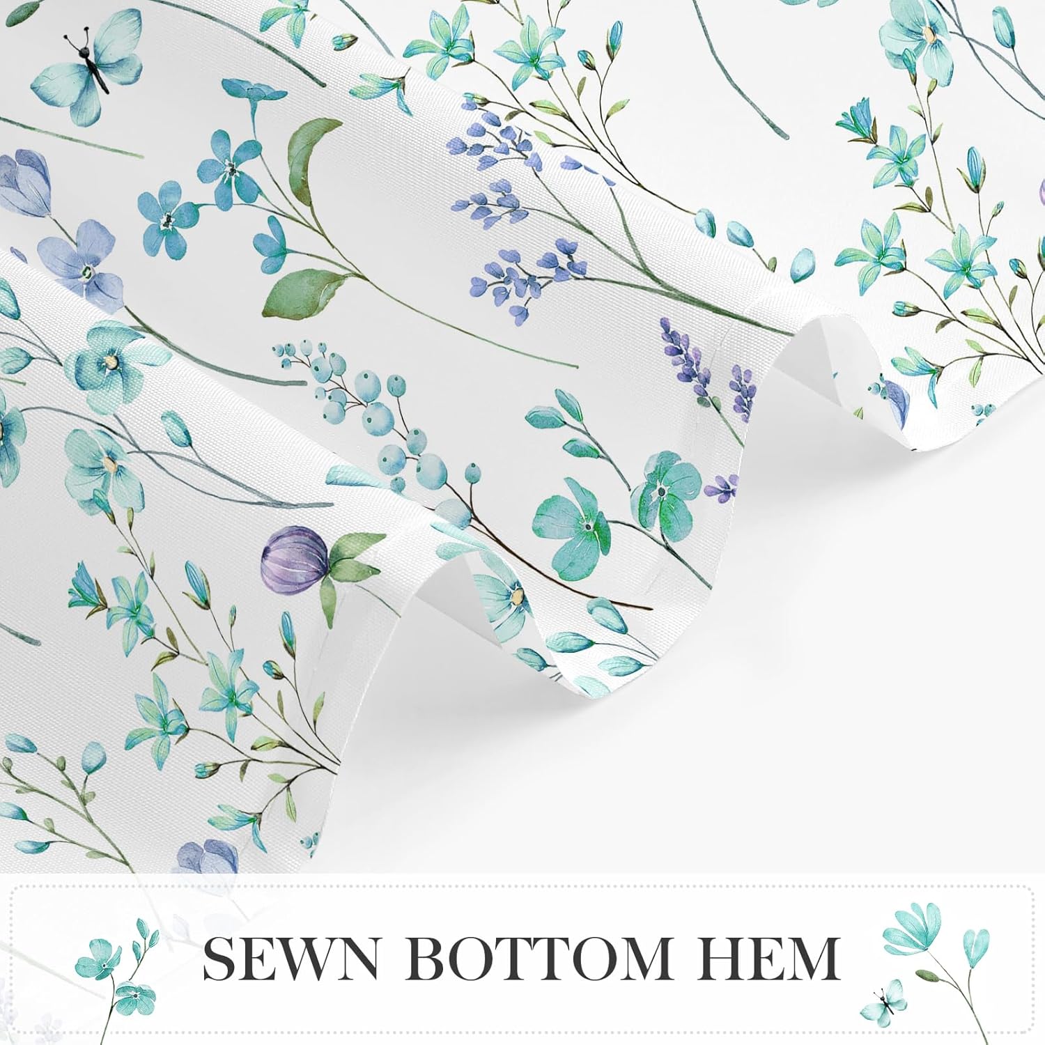 Litabel Watercolor Floral Shower Curtain, Teal Butterfly Flower Shower Curtain for Bathroom, Modern Minimalist White Waterproof Fabric Shower Curtain Set, 72x72 Inch