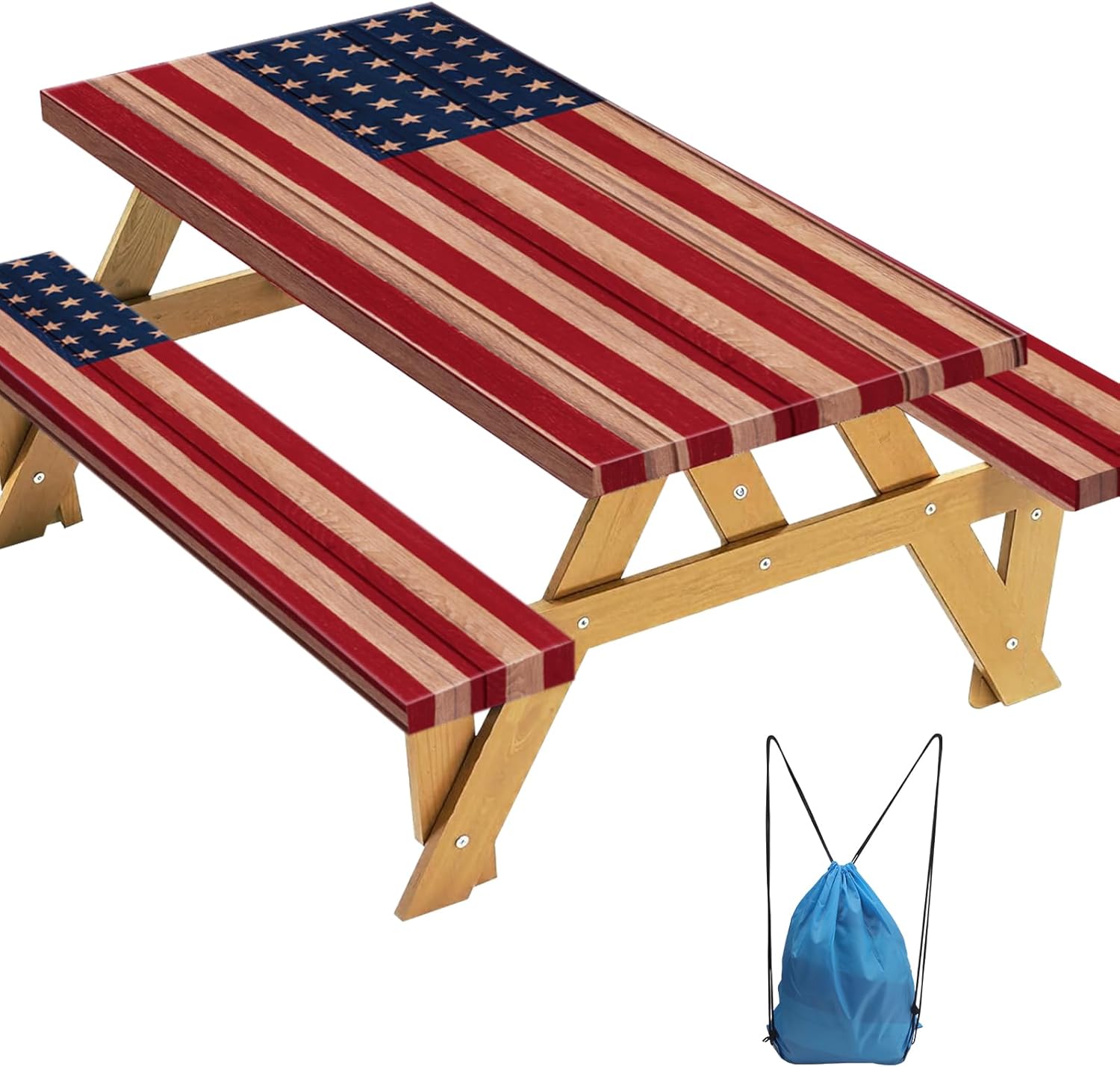 Picnic Table Cover with Bench Covers American Flag Tablecloth Fitted Camping Table Seat Reusable Cover with Elastic Waterproof Windproof Outdoor Rectangle Thin 3PCS (72inch)