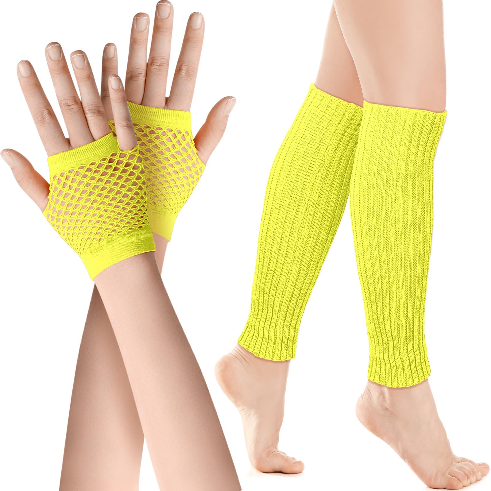SATINIOR Neon Leg Warmers and Fishnet Gloves Set 80s Fancy Dress Costume Accessory Stretchy Leg Warmers Fishnet Gloves (Fluorescent Yellow) — image 1