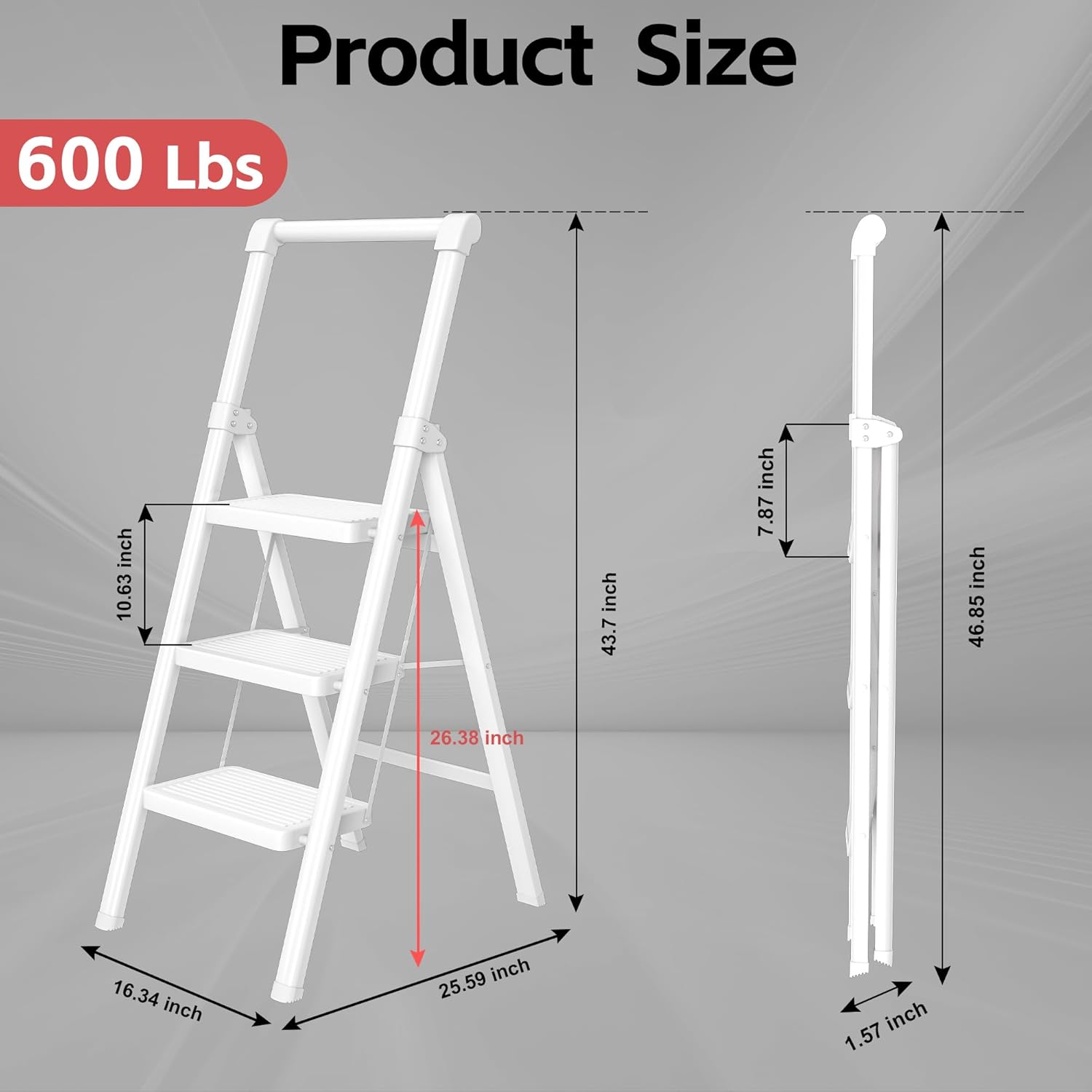 DIAMONDFORGE 3 Step Ladder with Handle, Foldable Step Stool for Adults - Extra Wide Non-Slip Pedal, Sturdy Reinforced Construction & Rubber Feet, for Home and Kitchen Use, White