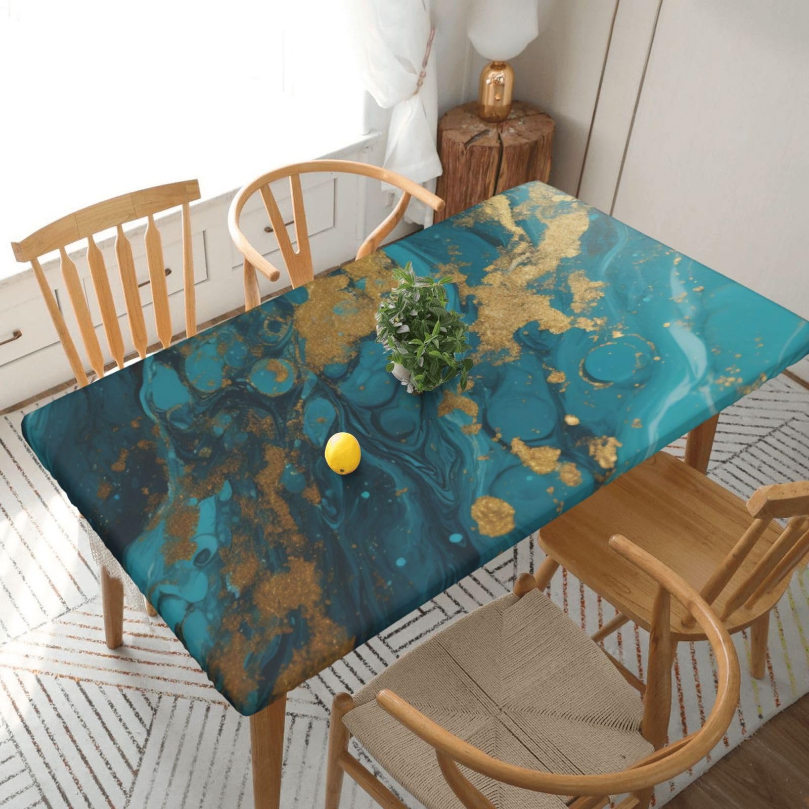 WPKJU Turquoise Blue Gold Marble Printed Tablecloths 5ft Rectangular Table Covers Washable Polyester Decorative Table Cloth for Dining Table Picnic Wedding