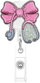 Pink Bow Nurse Badge Reel, Cute Badge Holder with Retractable Alligator Clip,Gifts for Nursing Student RN LPN CNA MA Medical Worker Teacher Doctor ID Name Badge