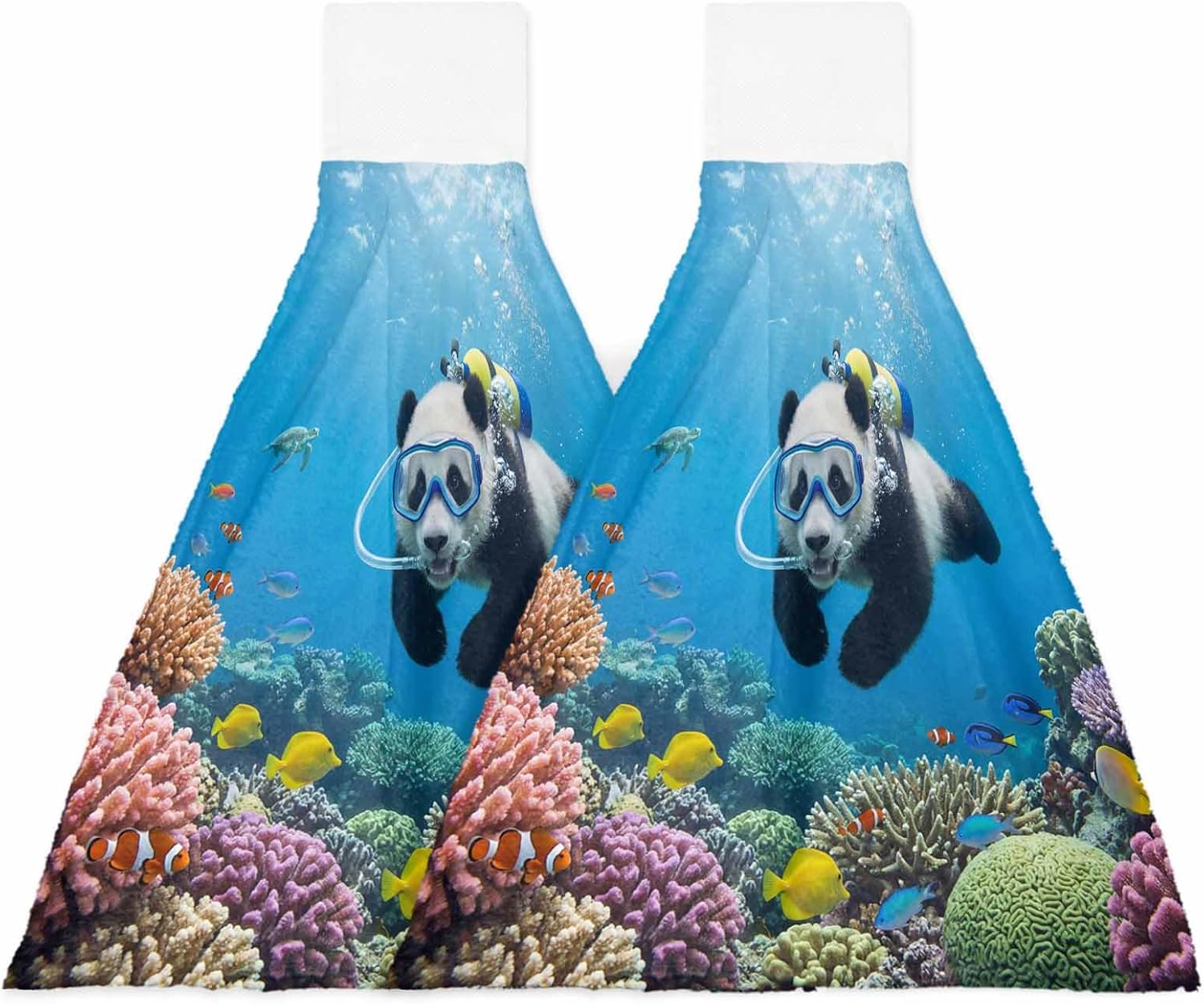 Funny Diving Panda Kitchen Hand Towels with Hanging Loops Set of 2 Ocean Sea Coastal Coral Fish Marine Life Soft Thick Oven Fingertip Dry Microfiber Tie Dish Towel Absorbent Cleaning Washcloth