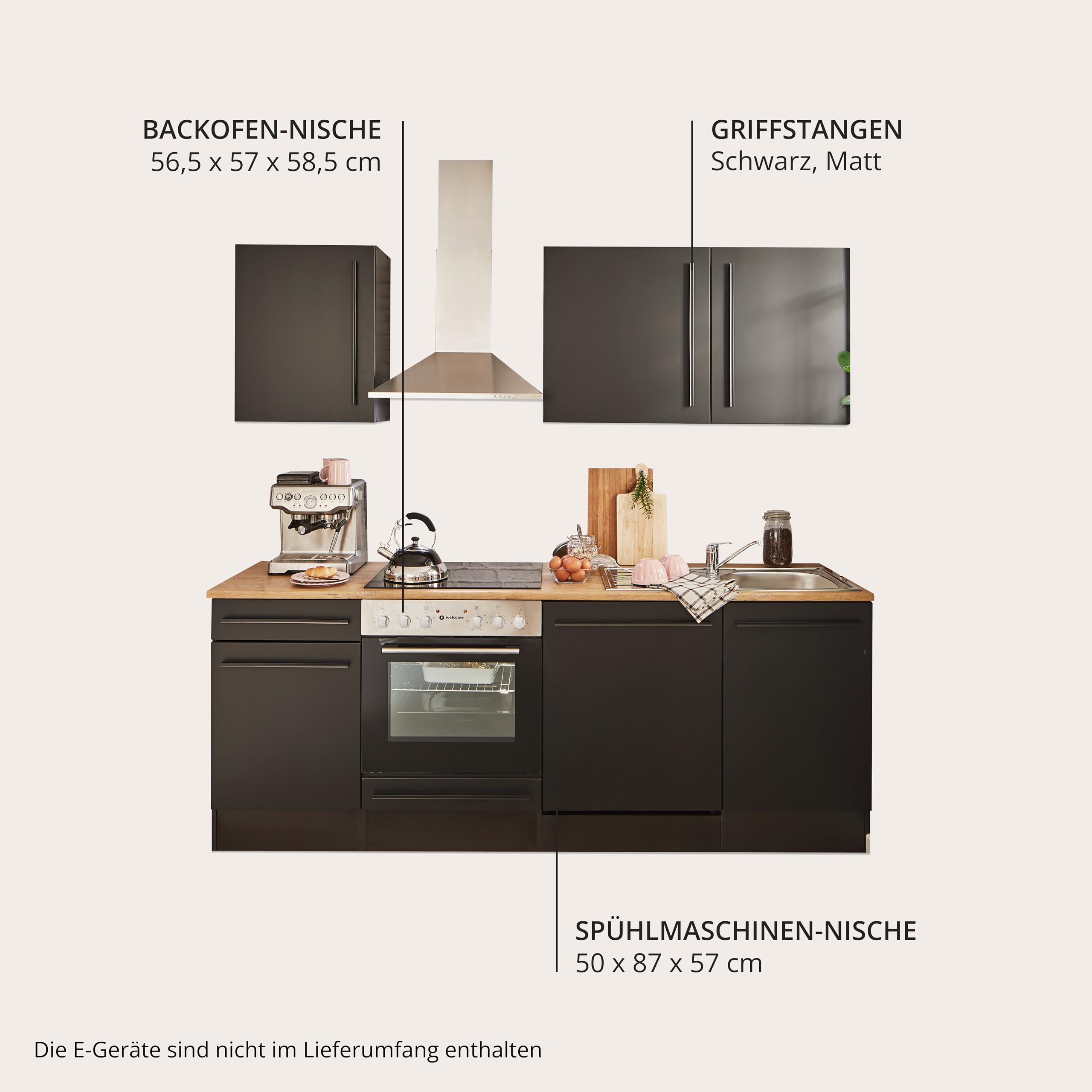 JAZZ 8 Moderne Küchenzeile ohne Elektrogeräte in Schwarz matt, Lanzelot Eiche Optik - Geräumige Einbauküche mit viel Stauraum - 220 x 211 x 60 cm (B/H/T)