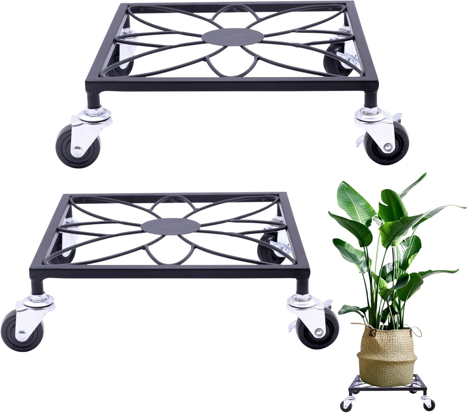 2pcs Black Metal Plant Stand with Wheels, Square Pattern Plant Caddy, Heavy Duty Plant Pot Stand for Indoor Outdoor