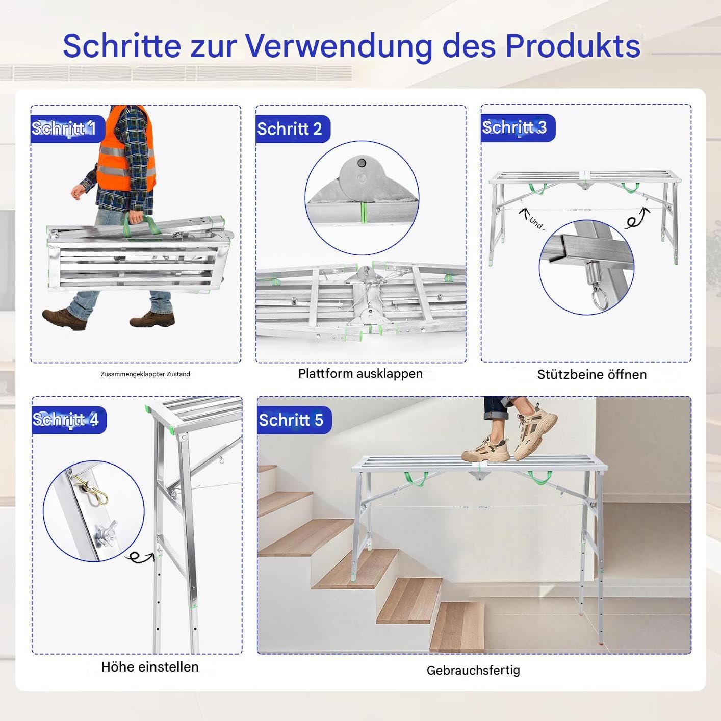Plateforme de travail pliable - Échafaudage portable - Avec 4 vitesses réglables en hauteur de 80 à 120 cm - Plateforme de travail pliable pour la maison, l'atelier, le garage et les chantiers