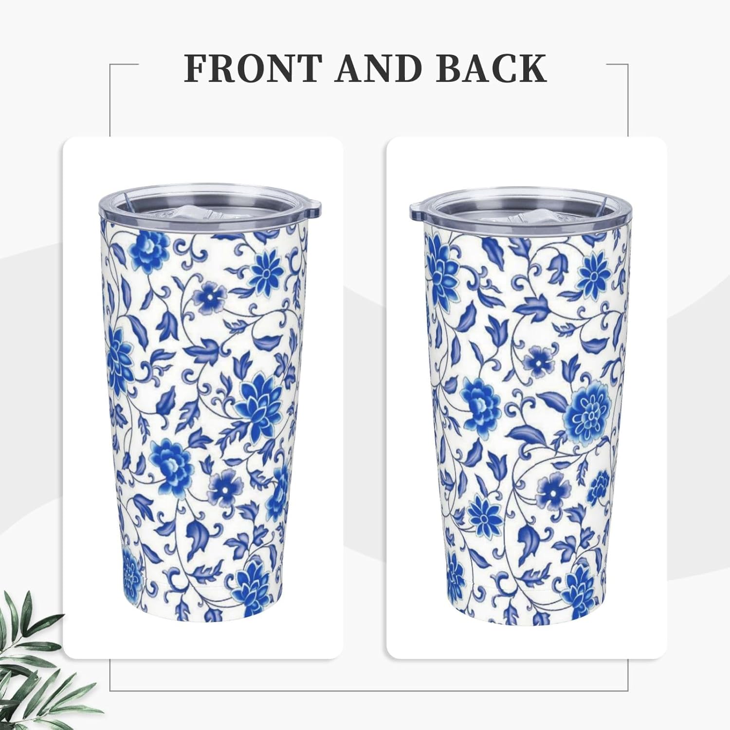 Floral Tumbler with Lid and Straw Flower 20oz Insulated Stainless Steel Cup Blue Travel Coffee Mug Water Bottle for Women Gift for Birthday Christmas - Image 2