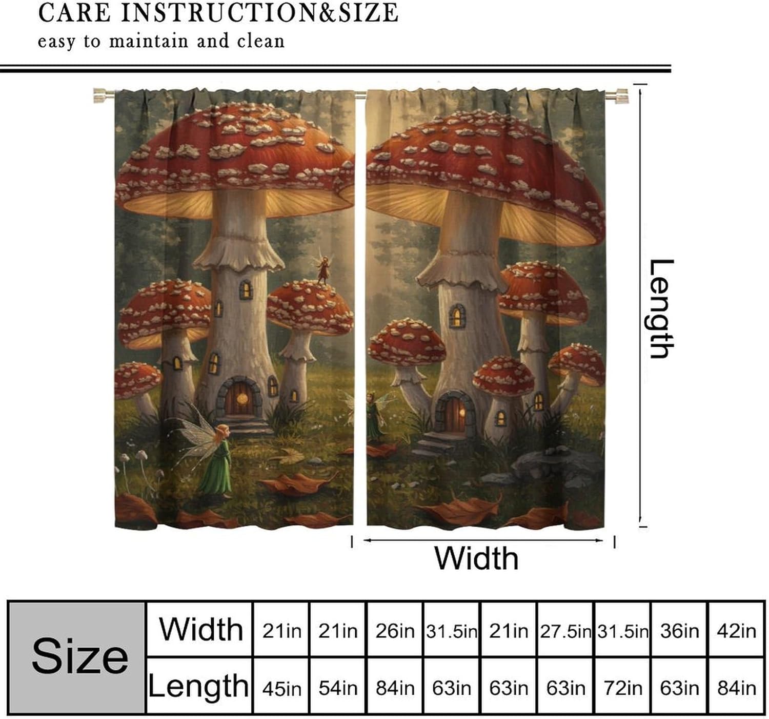 Retro Mushroom Garden Curtains,Kids Fairy Tale Magical Butterfly Princess Enchanted Wonderland Blackout Window Curtain,for Classroom Living Room Bedroom Kitchen Cafe Farmhouse 42" W X 45" L