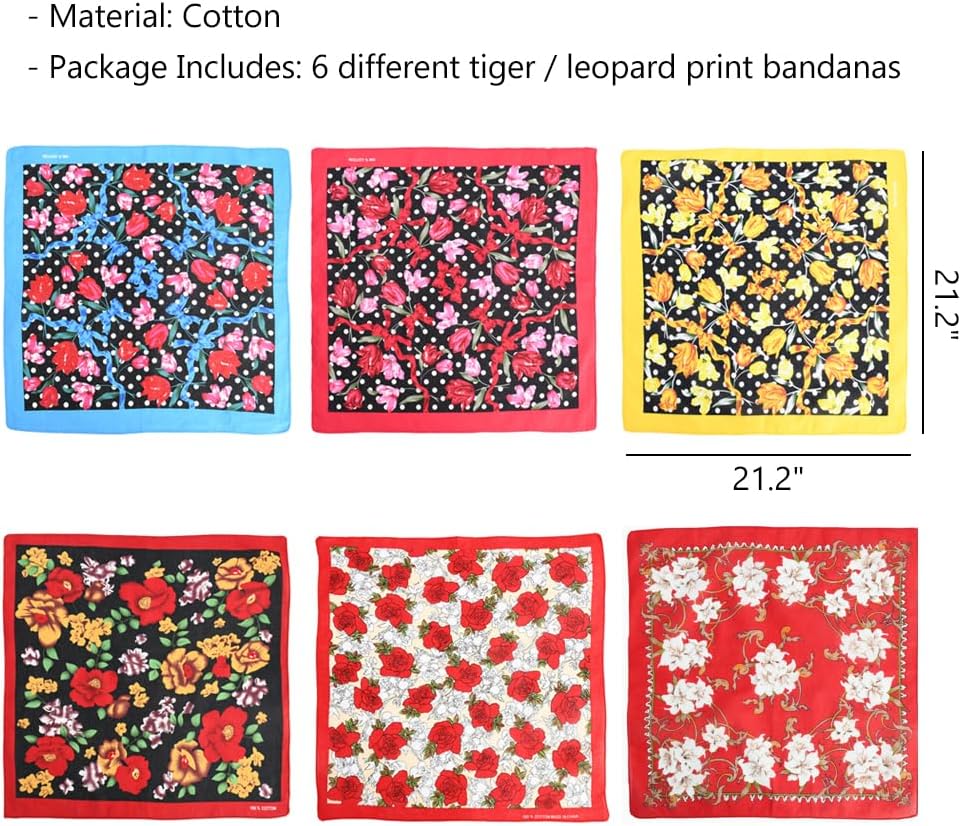WAYUTO Flower Print Floral Bandanas Cotton Colorful Bandanas for Women Square 21 x 21 Bandana Scarf Aesthetic 6 Pack