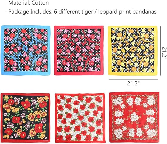 WAYUTO Flower Print Floral Bandanas Cotton Colorful Bandanas for Women Square 21 x 21 Bandana Scarf Aesthetic 6 Pack