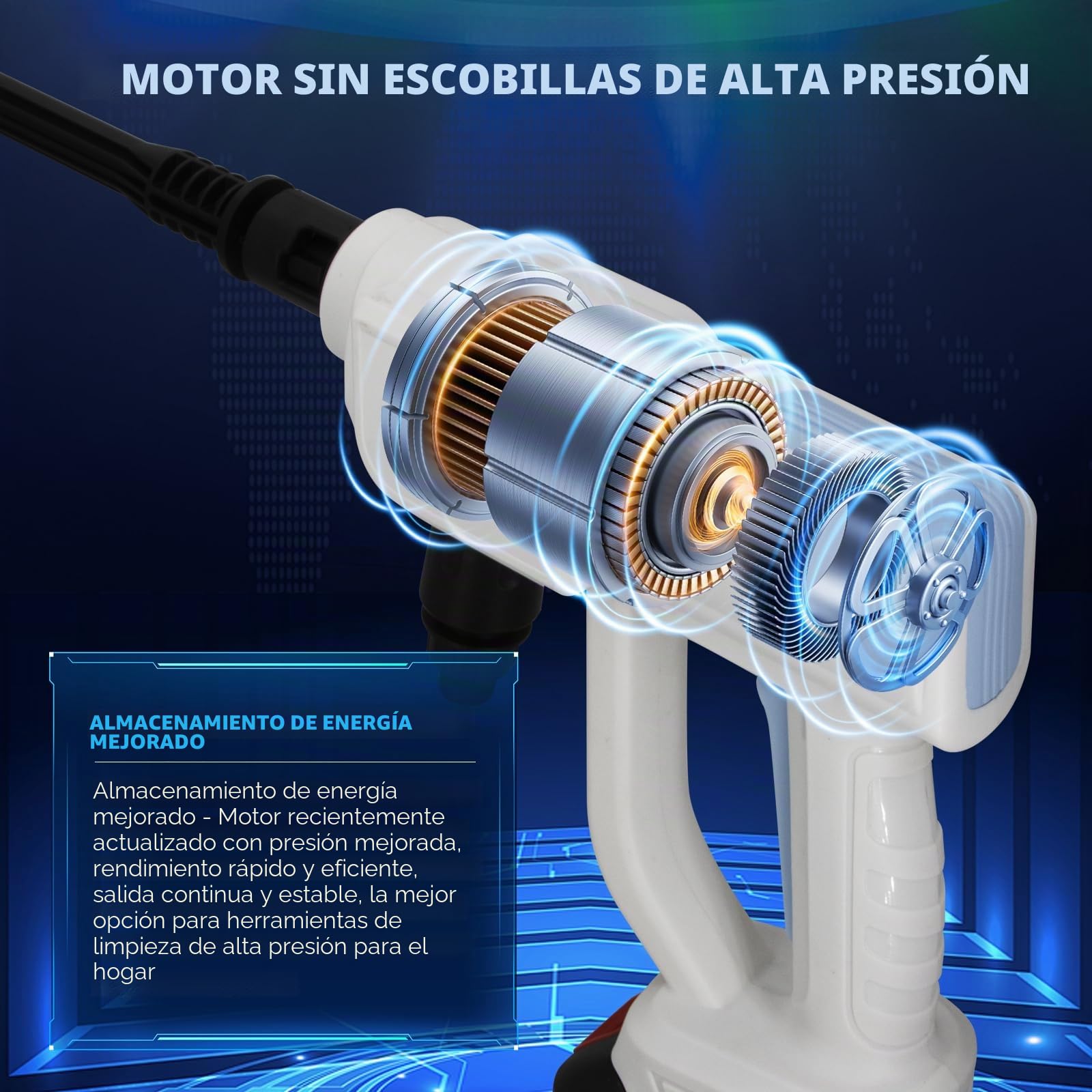 Hidrolimpiadora Inalámbrica 48V 2 Baterías Portátil Boquilla 6 en 1 | Limpieza a presión sin cables. 2 baterías (25-30 min), 6 modos, manguera 5m, fácil de guardar. Ideal para coches o jardín.