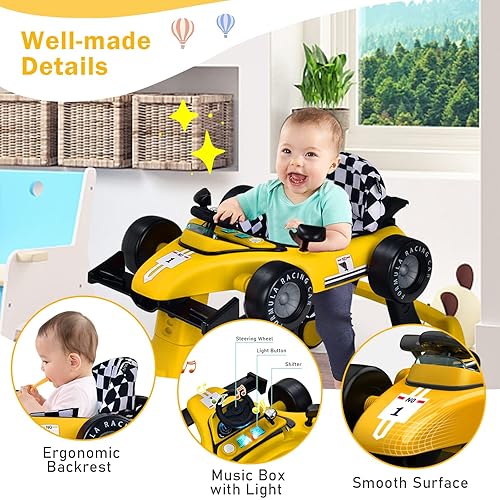 Miniatura 12 de BABY JOY Andador de bebé 4 en 1, caminador de actividad plegable con altura y velocidad ajustables, música, luces, antivuelco, andador de empuje