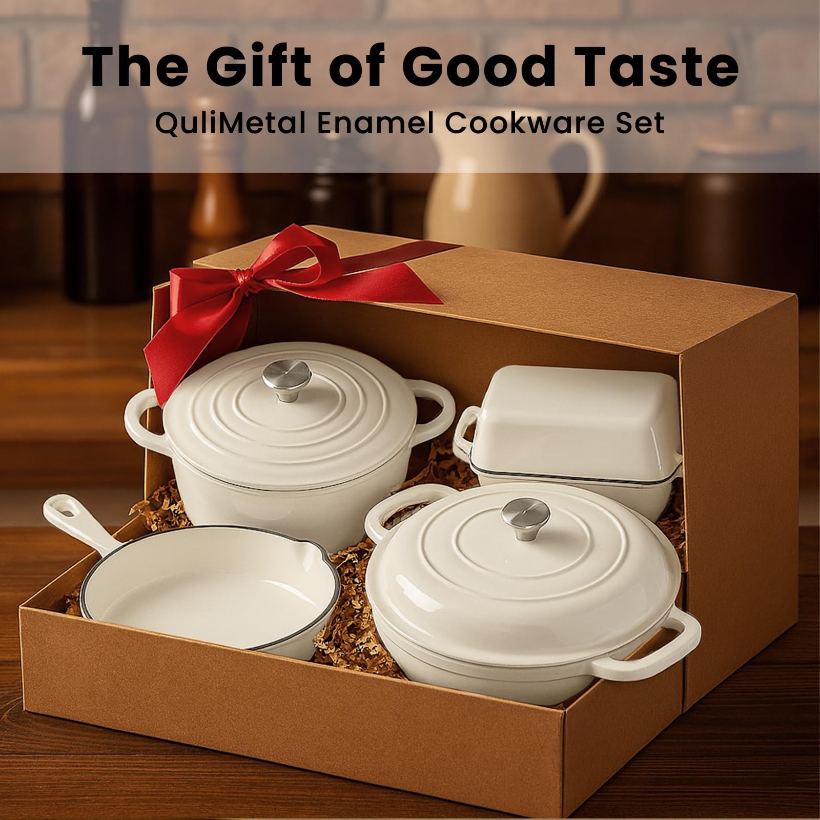 GFTIME Set de vaisselle en fonte émaillée 5 pièces, set de casseroles et poêles, cocotte avec couvercle, fournée hollandaise 2,3 QT, poêle à frire 28 cm, moule à pain, résistant au four, pour tous les