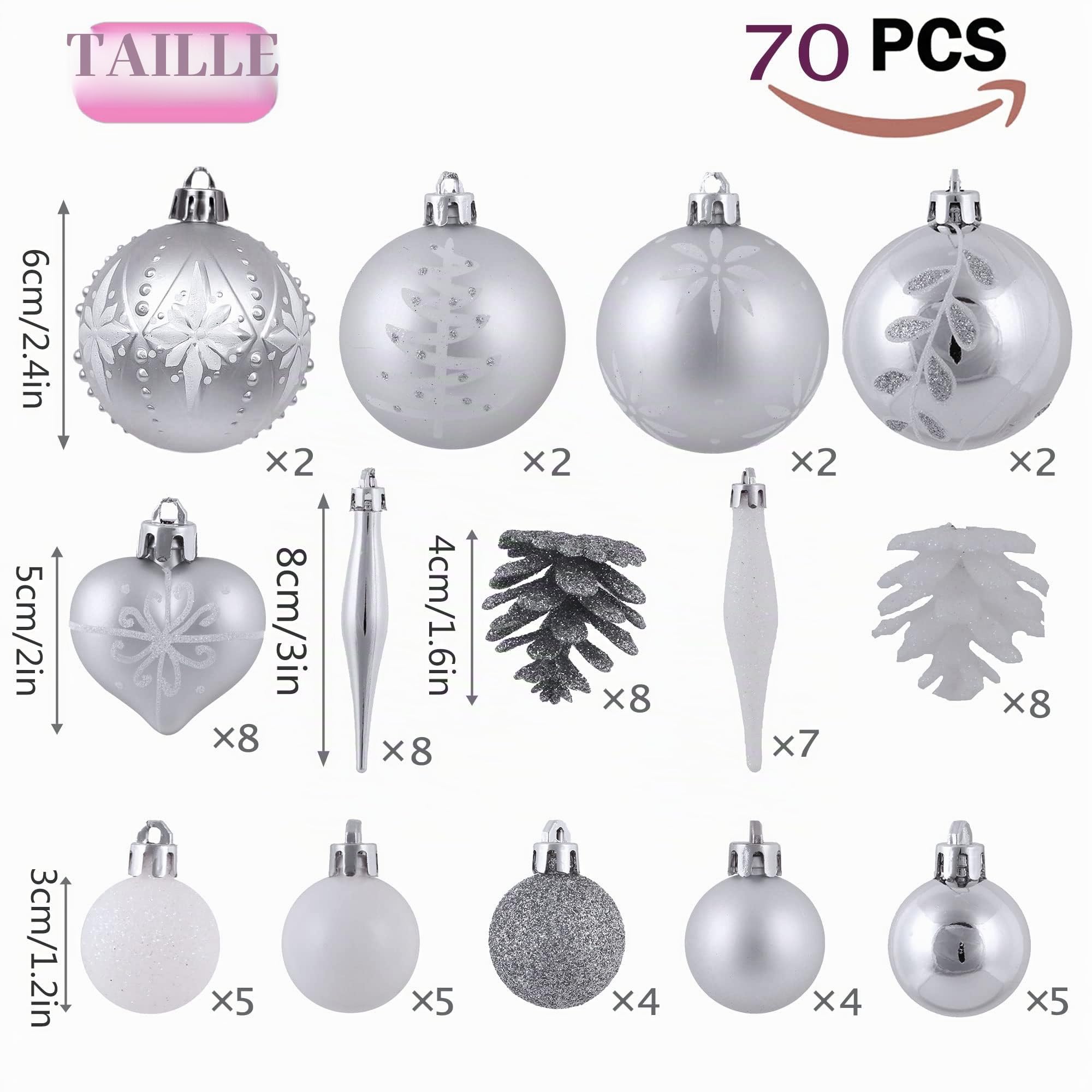 Victor's Workshop 70pcs Boules de Noël Argent et Blanc, Décoration de Noël Boules avec Pendentif 3-6 cm, Boules d'arbre de Noël Thème Hiver Congelé, Boules pour Sapin de Noël Incassable