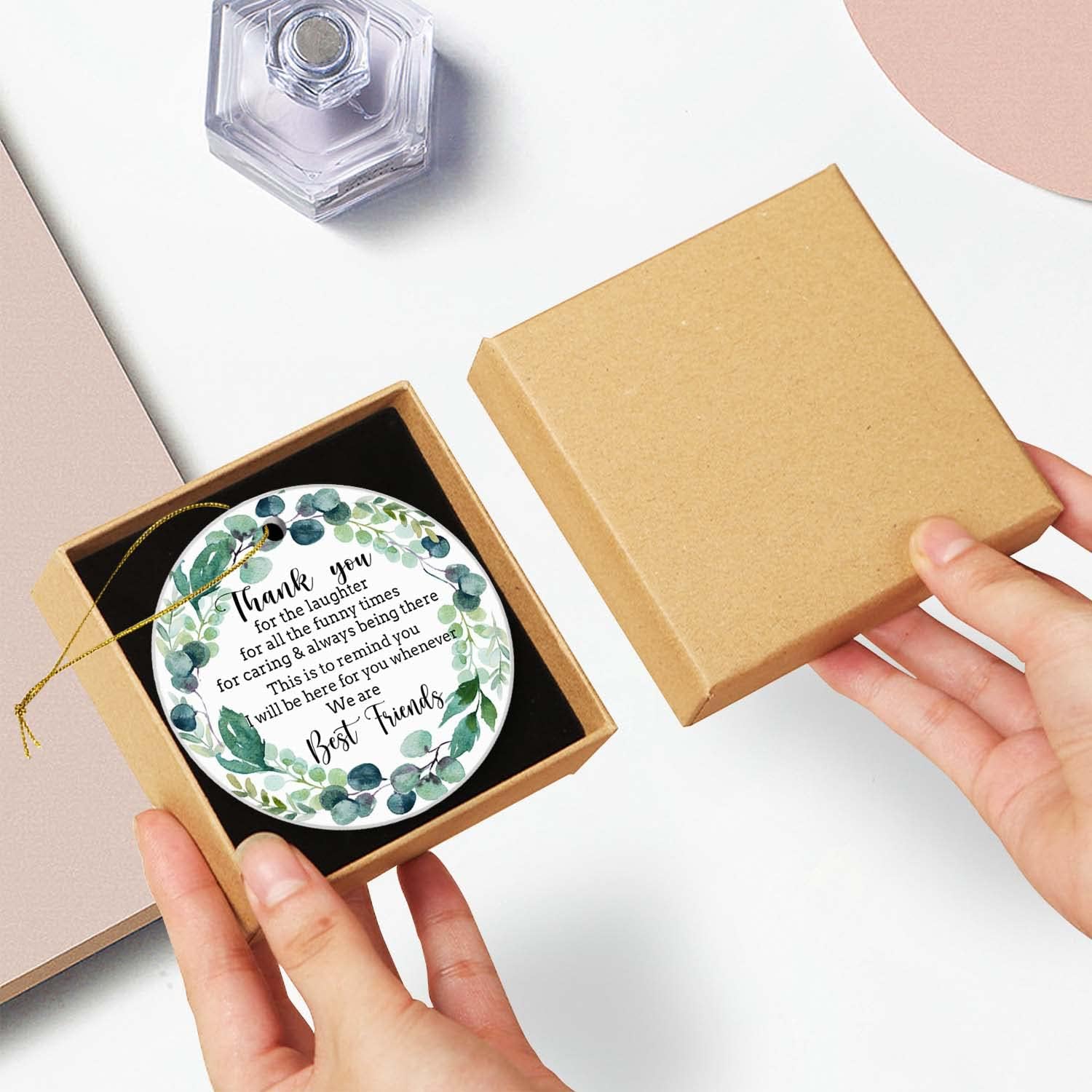 Christmas Ornaments Gift Keepsake Christmas Ornament Thank You Gifts Xmas Tree Decorations Ceramic Round Ornament with Gift Box 2.95in(Thank You for The Laughter for All Funny Times Best Friends) - Image 4